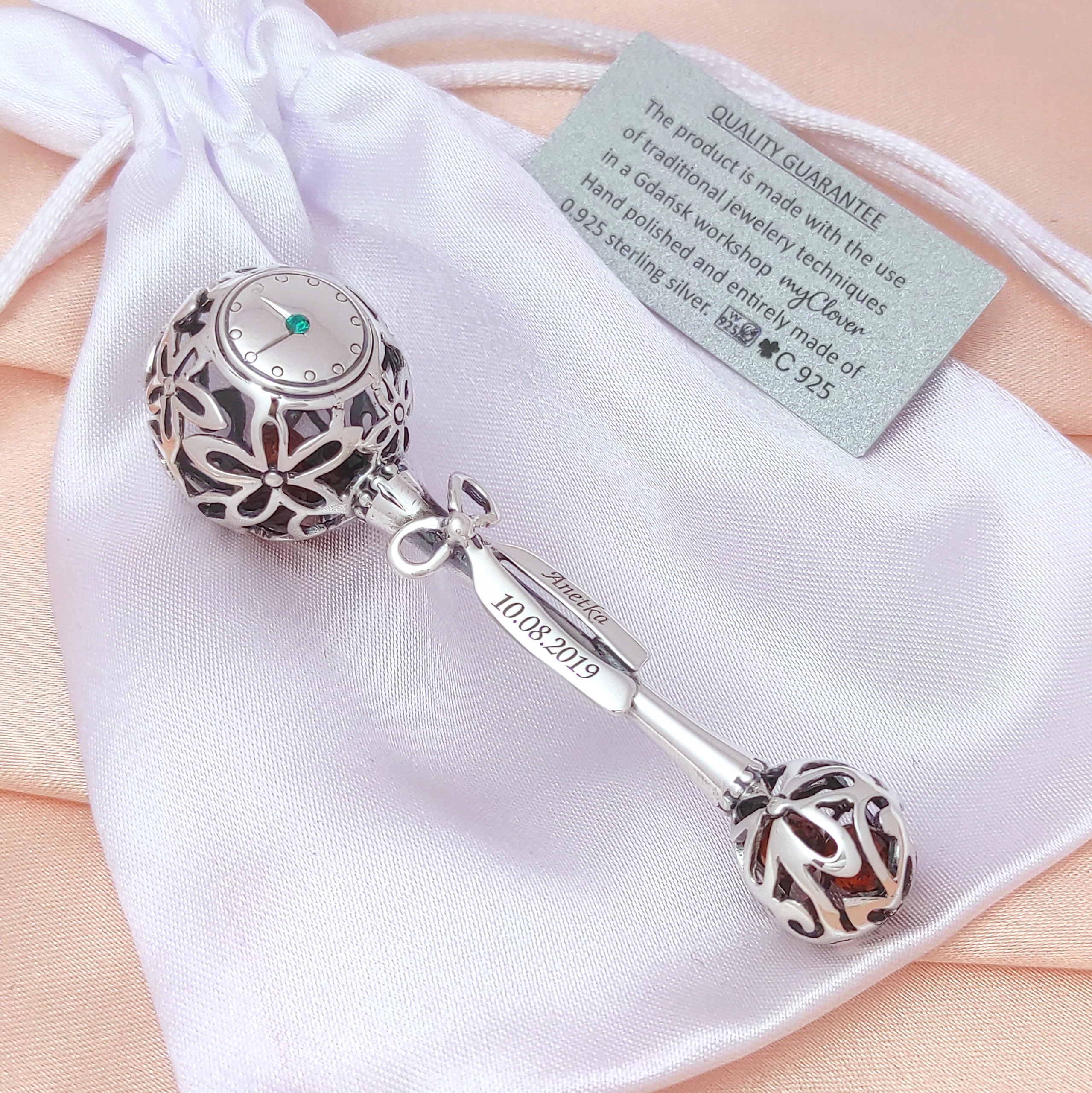 Stříbrné Chrastítko dárek ke křtinám narození Gravírování