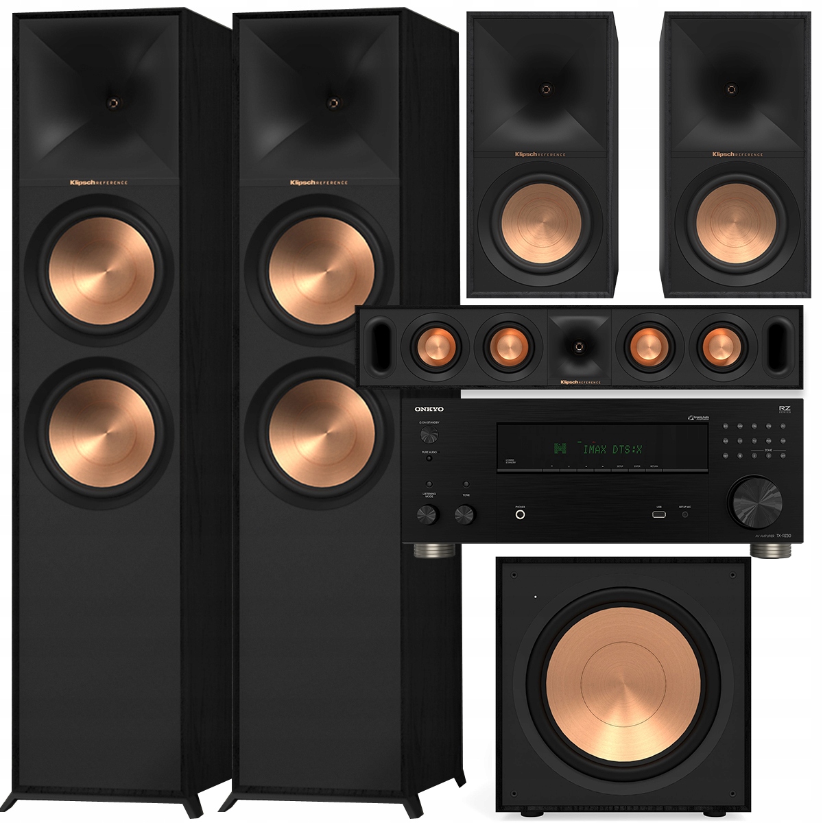 Klipsch R-800F R-60M R-30C R-121SW Onkyo TX-RZ30 Dts:x Atmos Imax 8K