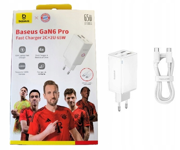 Baseus Szybka Ładowarka 2xUSB-C 2xUSB-A 65W Pd Qc GaN6 Pro Kabel Biała