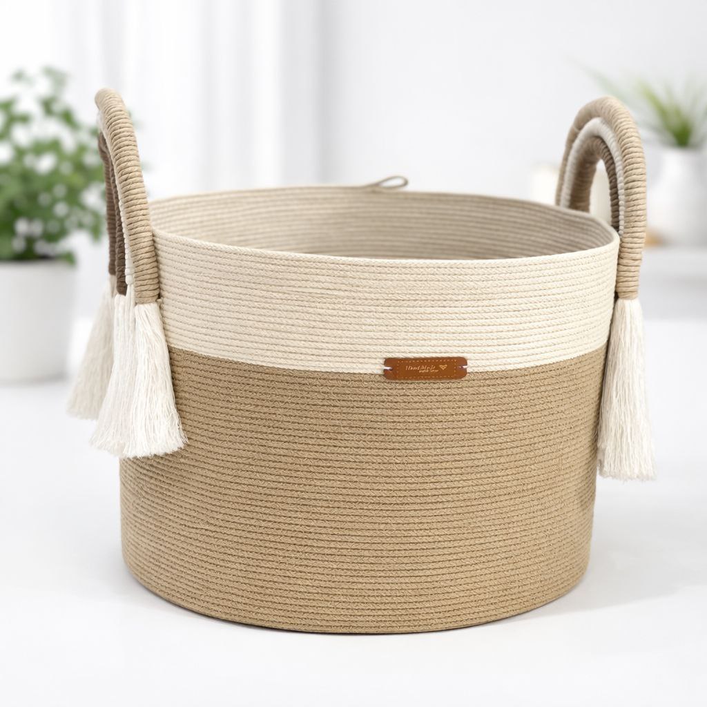 Velký Bavlněný Košík S Úchytkami 35 cm Ručně Vyrobený Polsko
