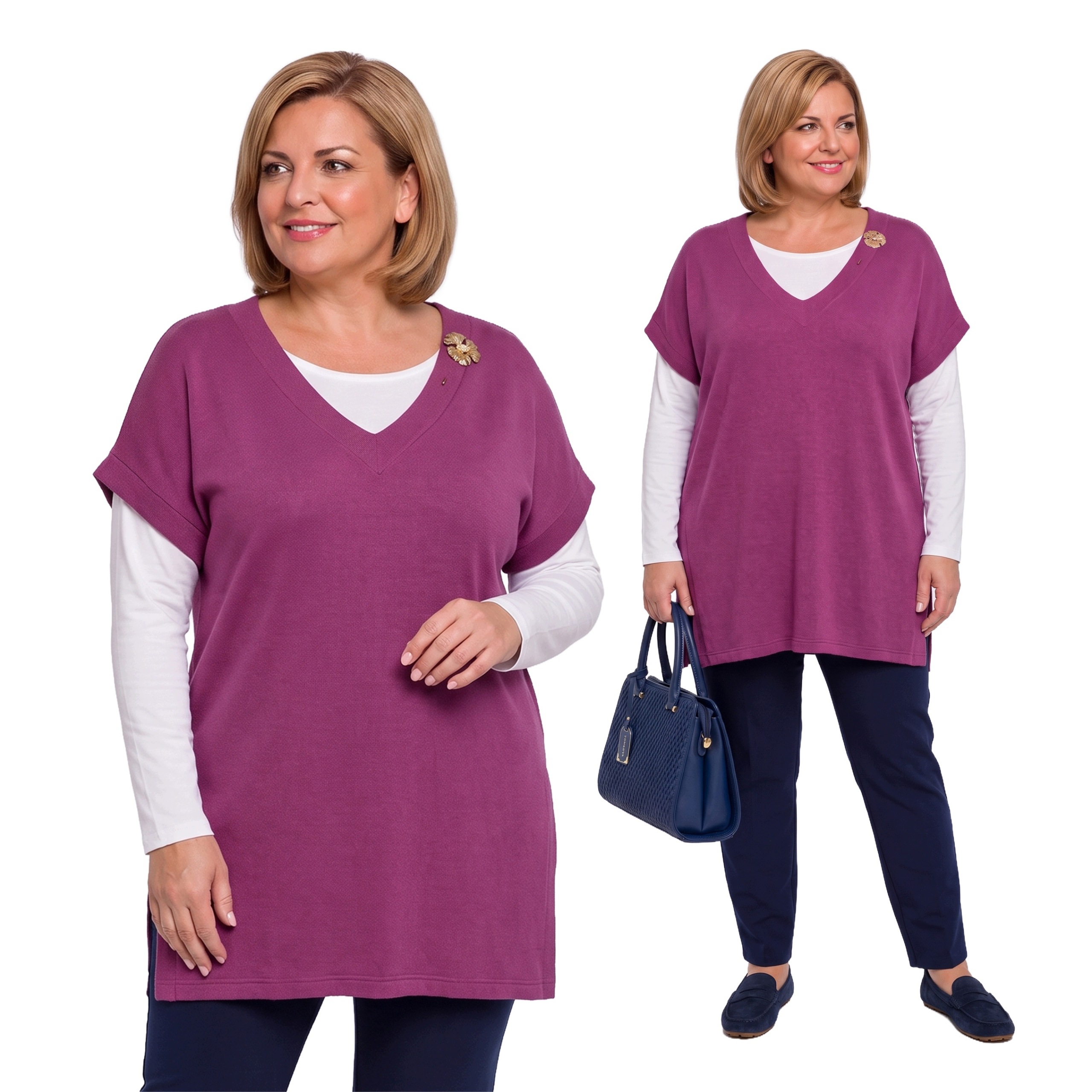 Růžový svetr se zlatou broží plus size velikost 54