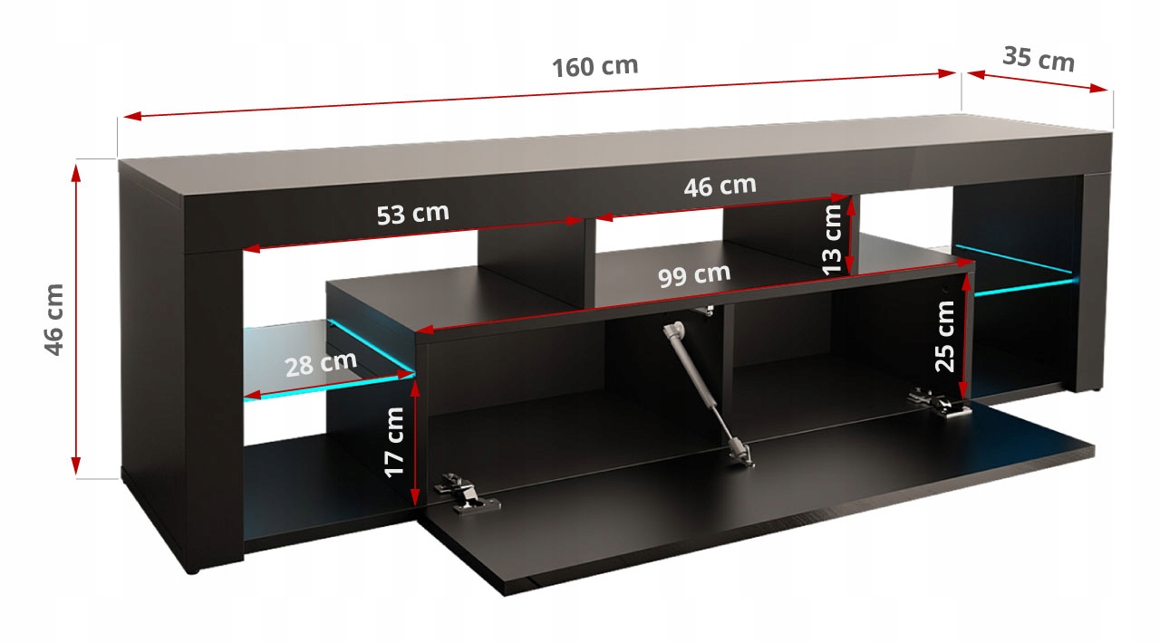 Szafka RTV 160 cm czarna, uniwersalna Wysokość mebla 46 cm