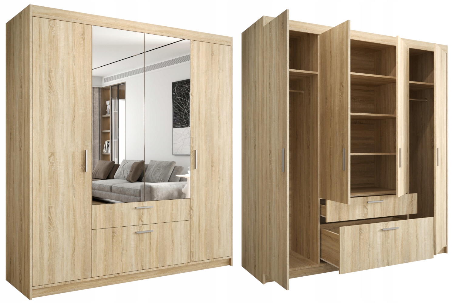 Skříň 4-dveřová 175 Zrcadlo Zásuvky Sonoma LESZ23 Prostorná šatní skříň O-sofa