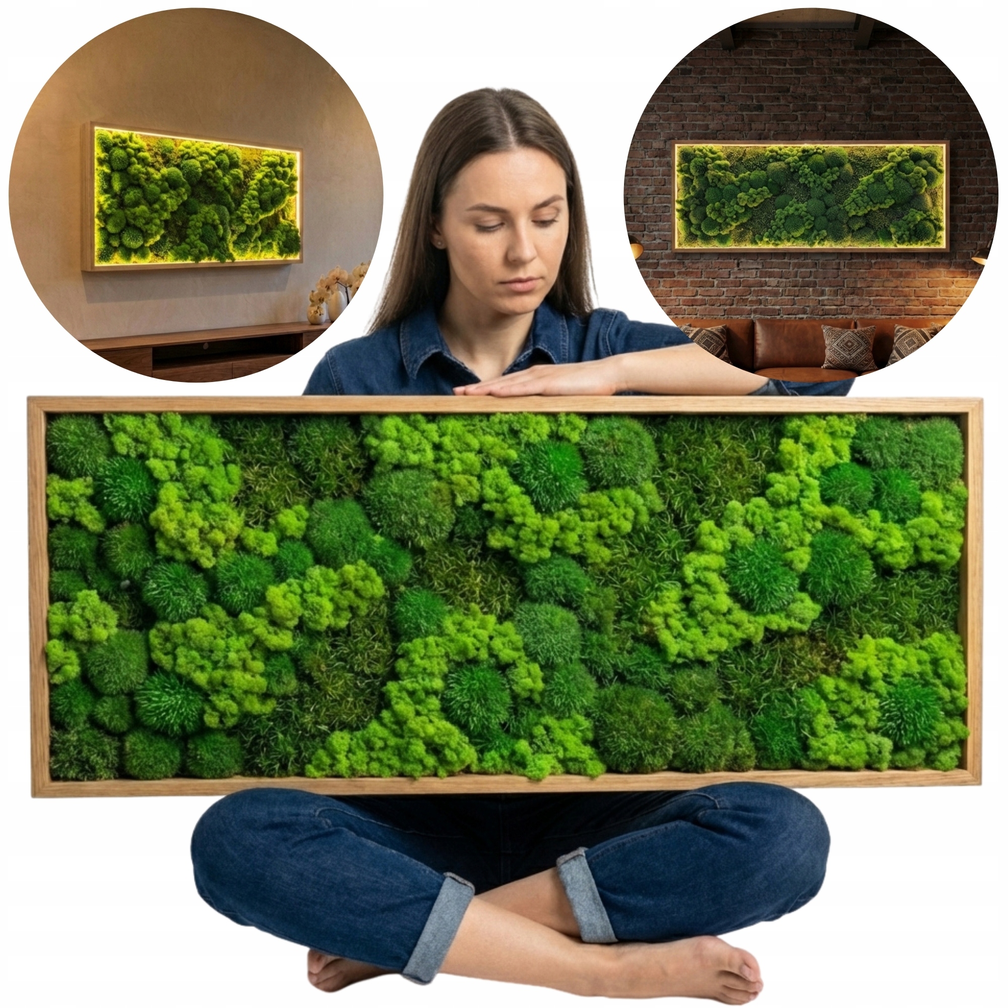 Živý obraz z mechu v dubovém přírodním rámu s Led nástěnná dekorace z mechu