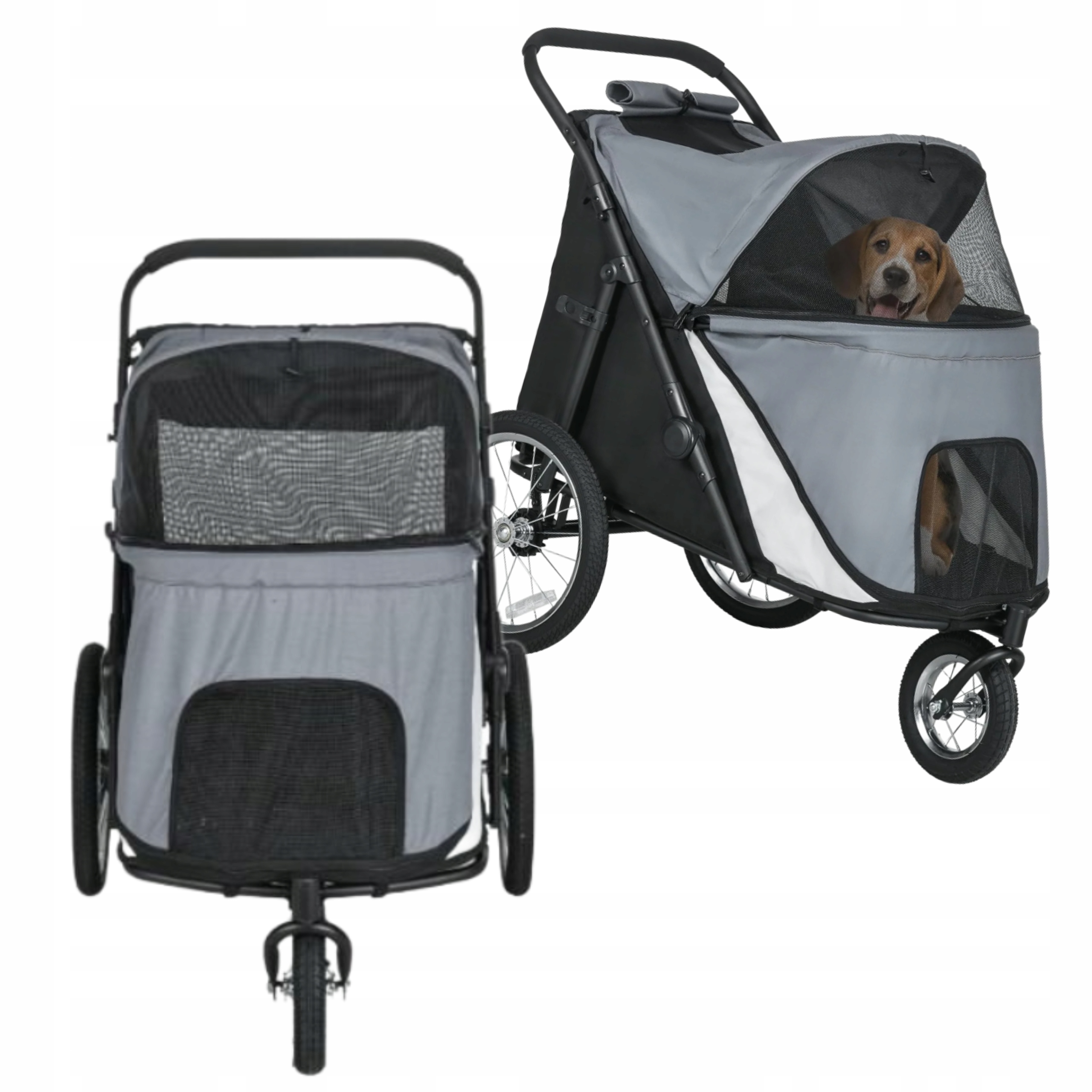 Levně Skládací vozík pro psa Šedý, velká kola Oxford s oknem Přepravka