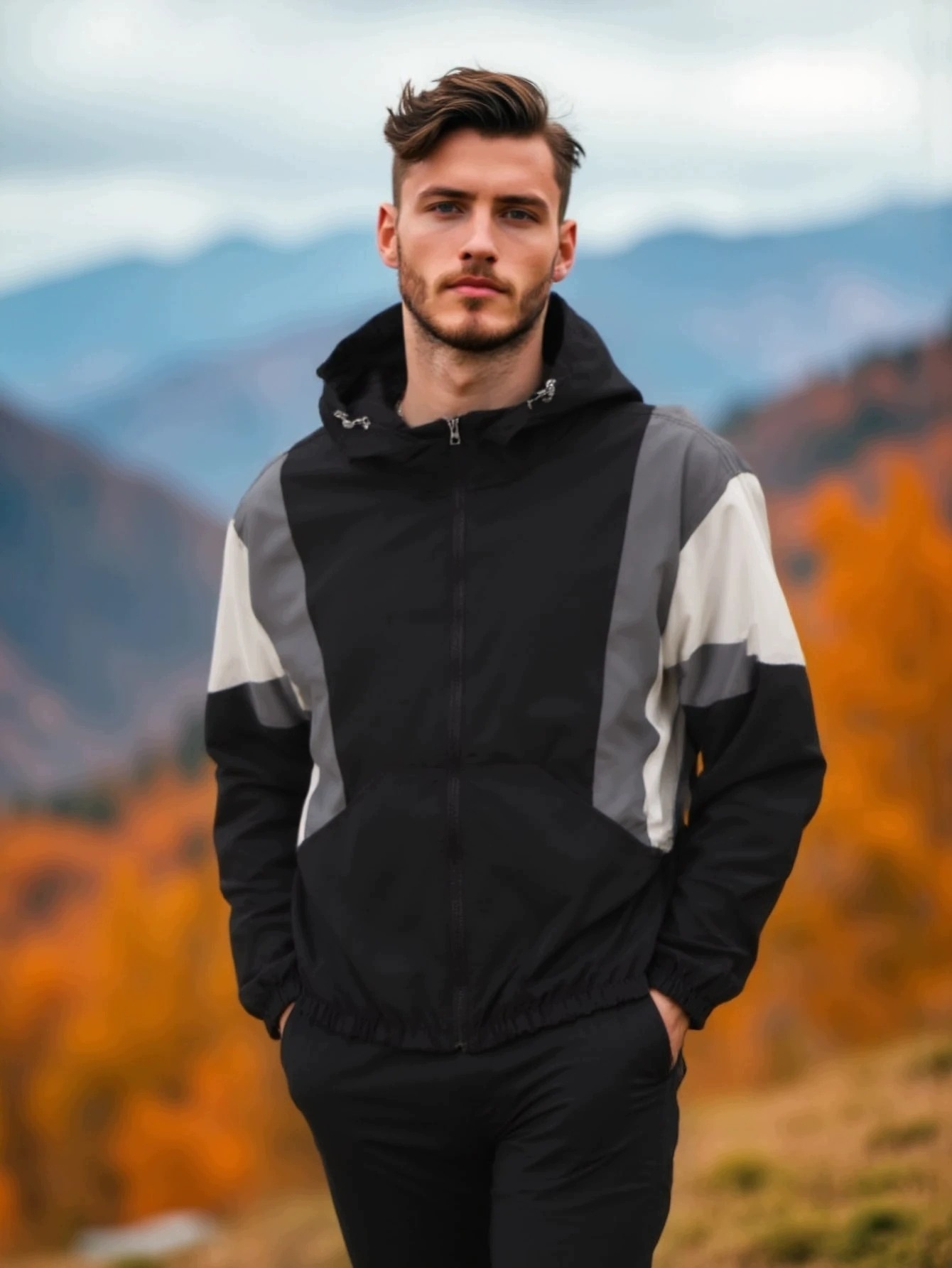 Shein Černá Pánská Větrovka S Kapucí A Kontrastními Vložkami XL 1LA