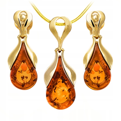 Zlatý Komplet z pravého přírodního baltský jantar ze stříbra, Pozlacený