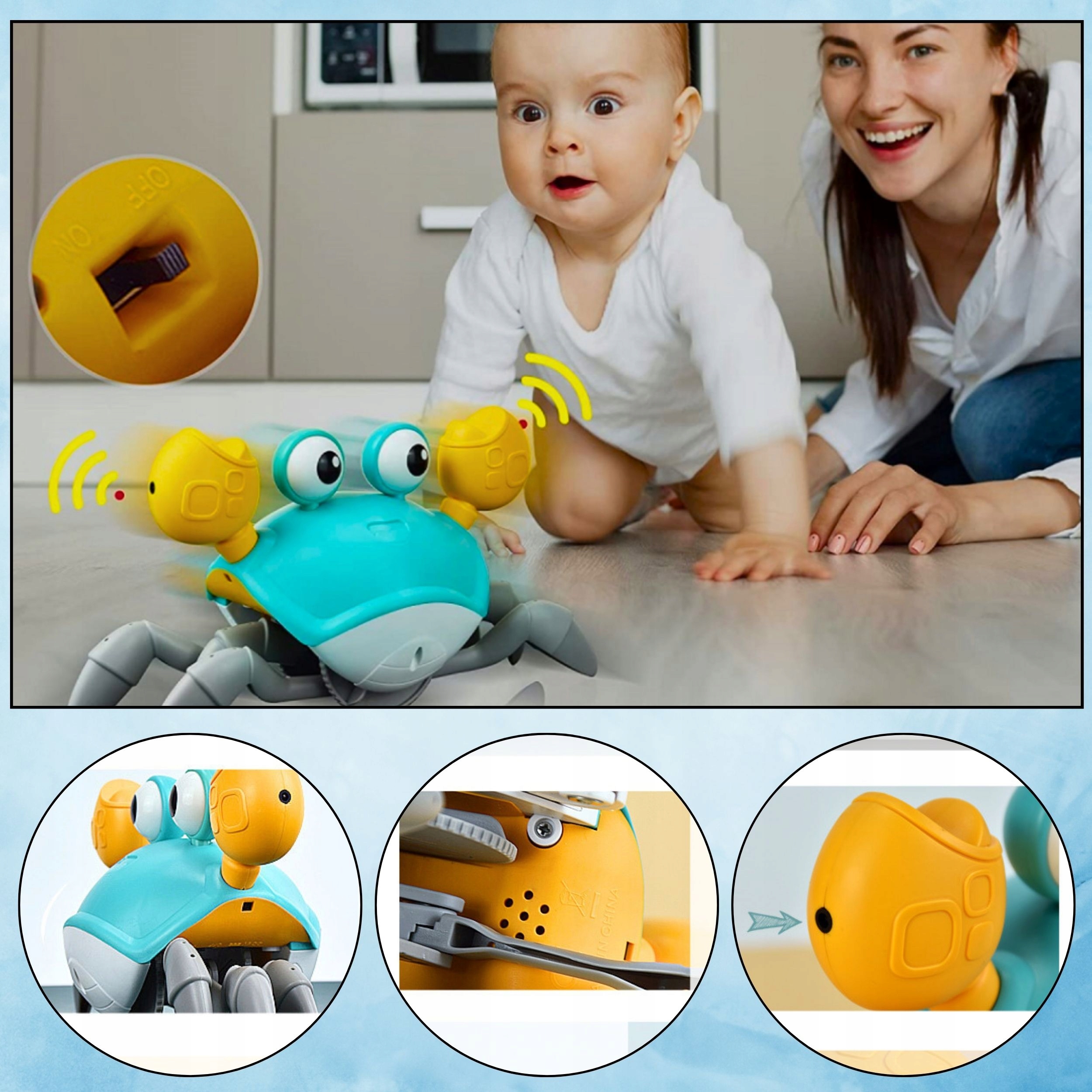 PEŁZAJĄCY KRAB UCIEKAJĄCY ZABAWKA INTERAKTYWNA Z DŹWIĘKIEM DLA DZIECKA BABY Głębokość produktu 10 cm