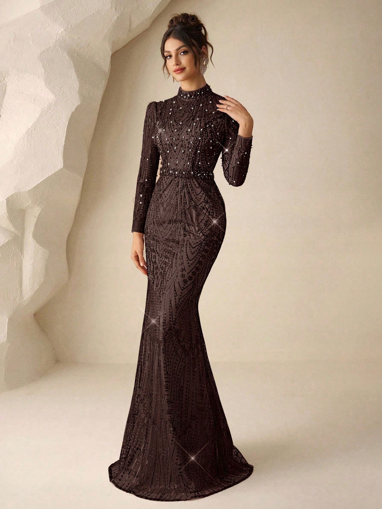 Shein Hnědá Elegantní Šaty S Dlouhým Rukávem A Flitry 1M
