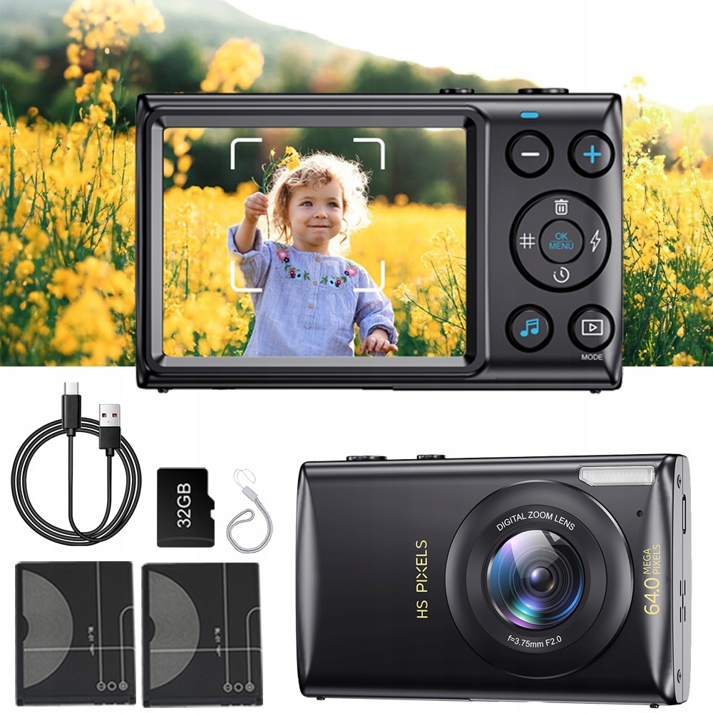 Digitální Kamera S Automatickým Ostřením Pro Děti S 18NÁSOBNÝM Zoomem 64 Mp, 2 Baterie