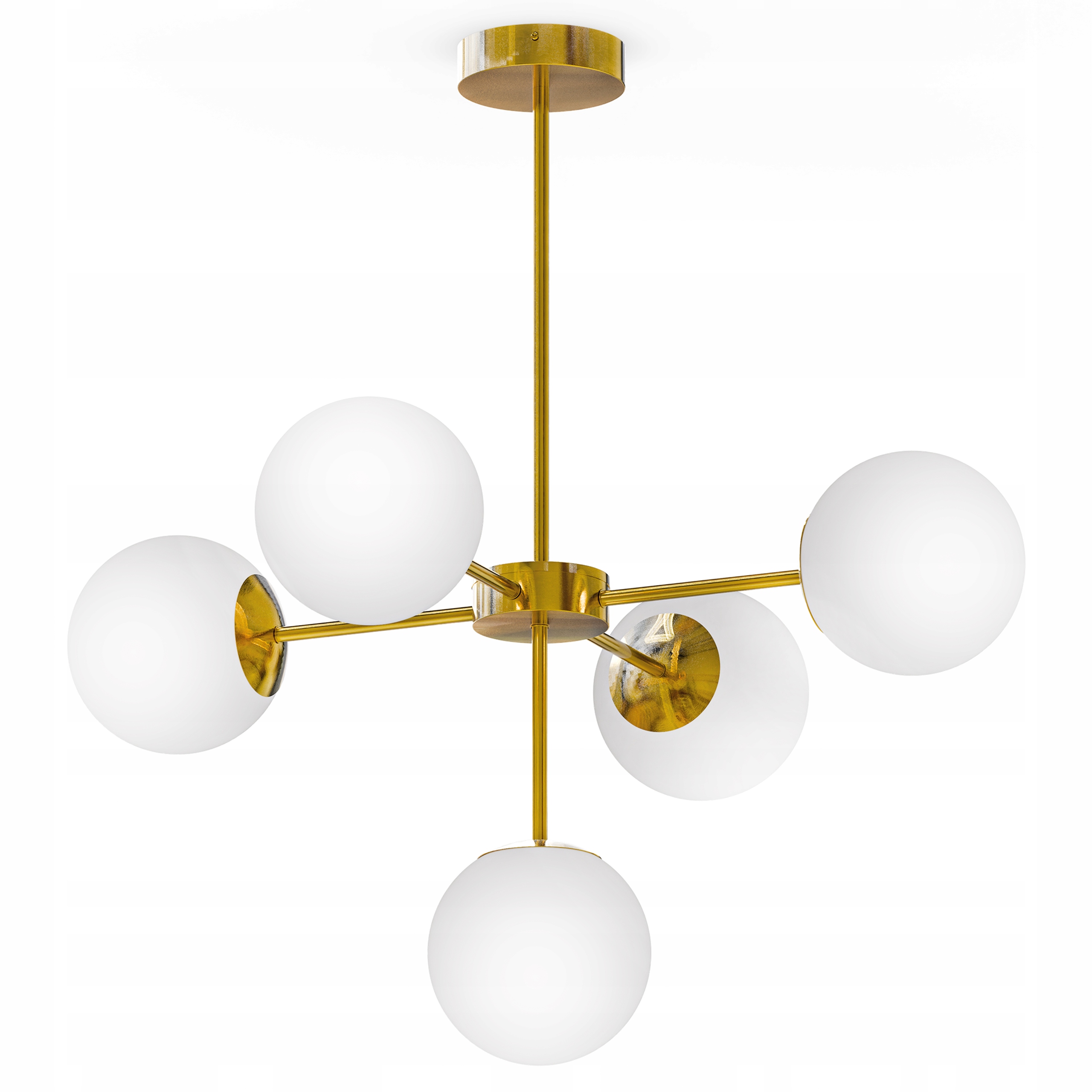 Złota Lampa Wisząca Sufitowa Led 5X E27 Żyrandol Białe Kule Szklane Salon