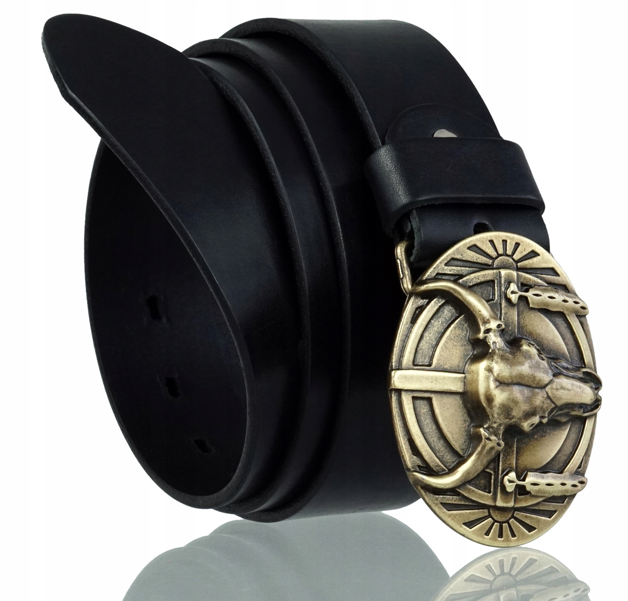 Skórzany Pasek Do Spodni 4CM Czarny Czaszka Byka Kowbojska Skóra Licowa 125