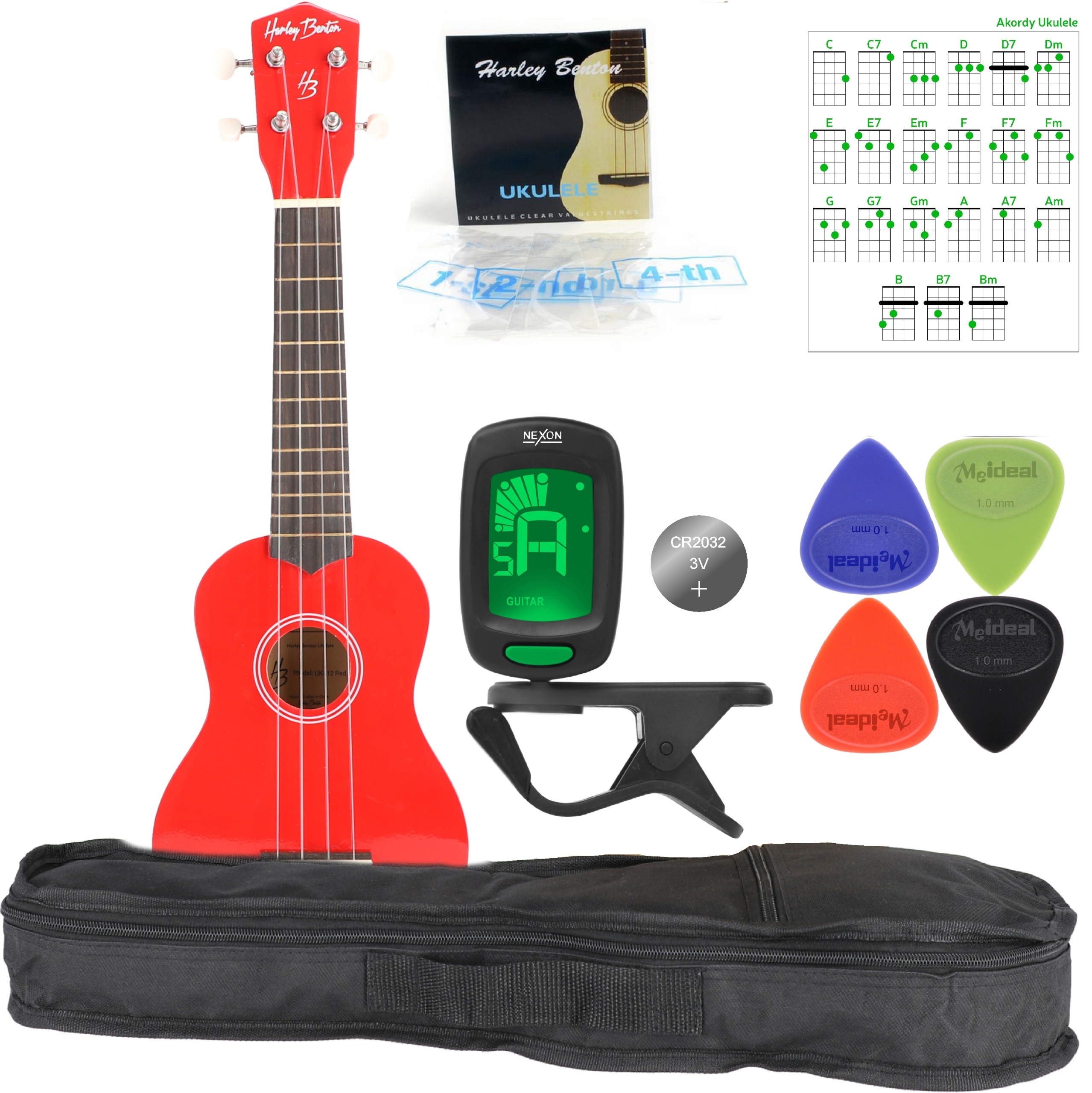 Sopránové ukulele Červené Pouzdro Struny Kostky Plátek Akordy Set