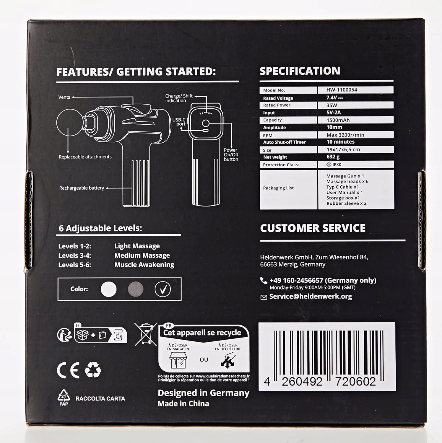 HELDENWERK Pistolet Do Masażu 6 Główki 3200 U/min USB-C Czarny — miniatura 10