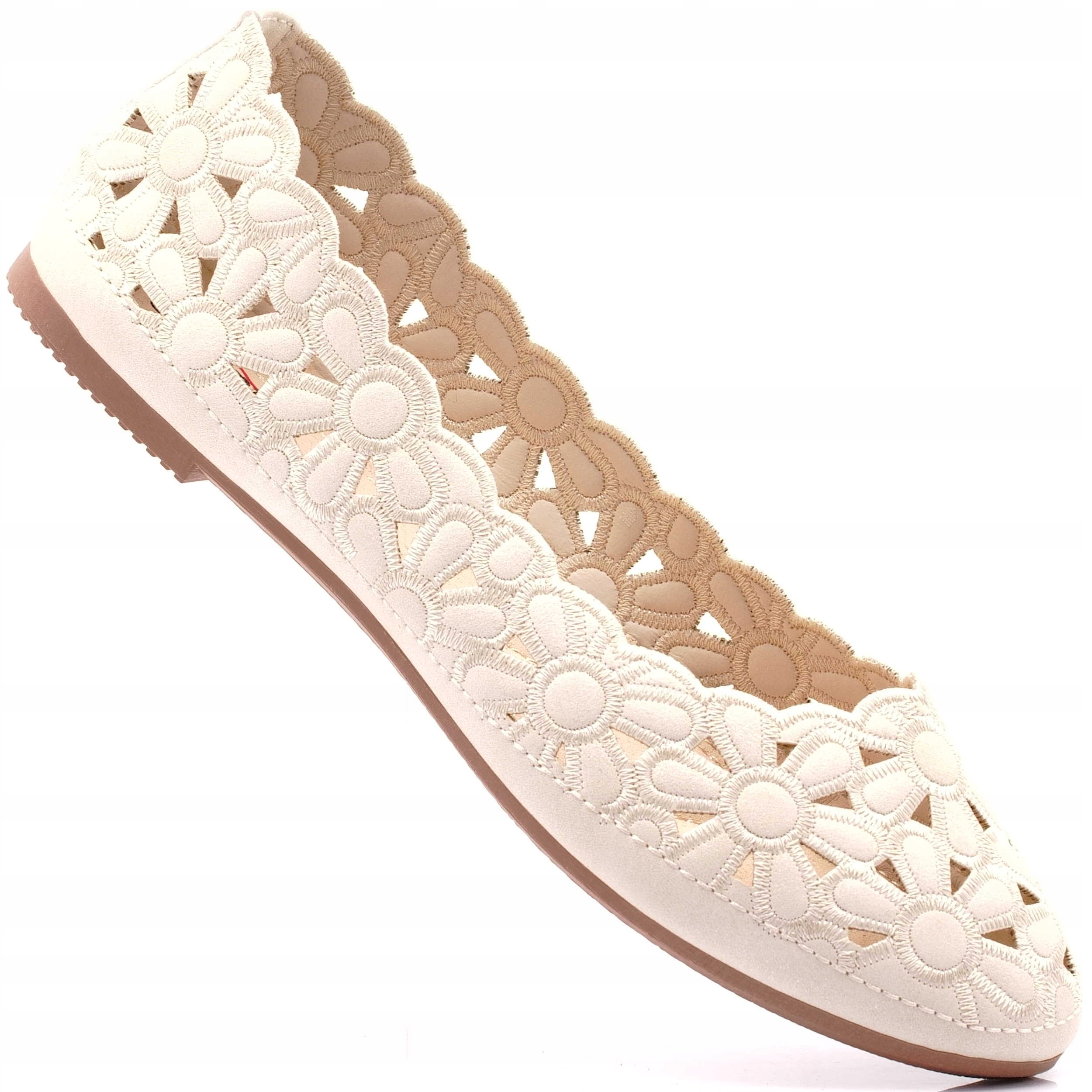 BALERINY AŻUR KWIATUSZKI BEŻOWE Z POŁYSKIEM 39