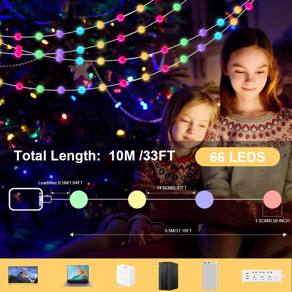 AUAUY Smart USB LED Kule 10M 66 LED Zmiana Koloru Zdalne Sterowanie — miniatura 2