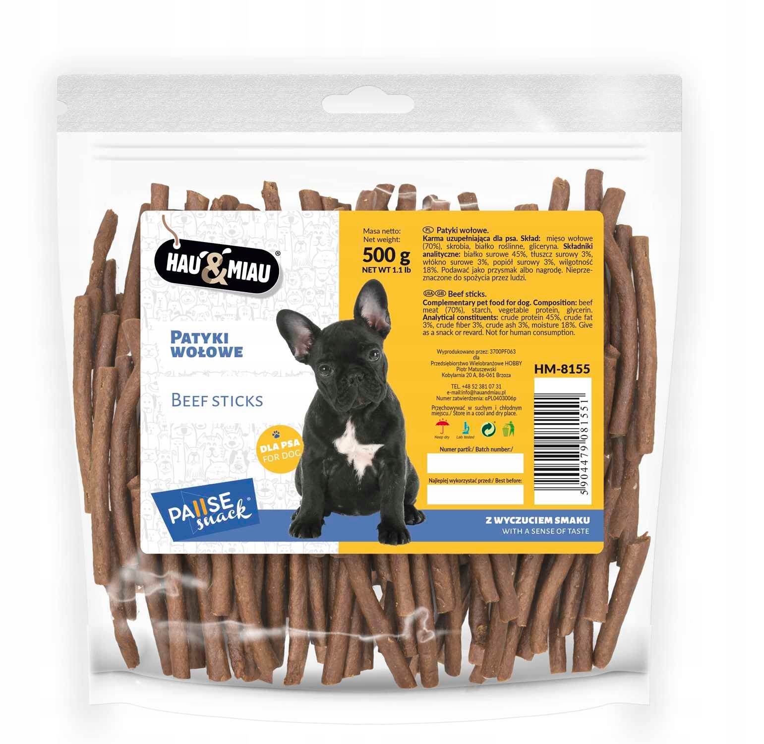 PRZYSMAKI DLA PSA HAU MIAU PATYKI WOŁOWE 500G