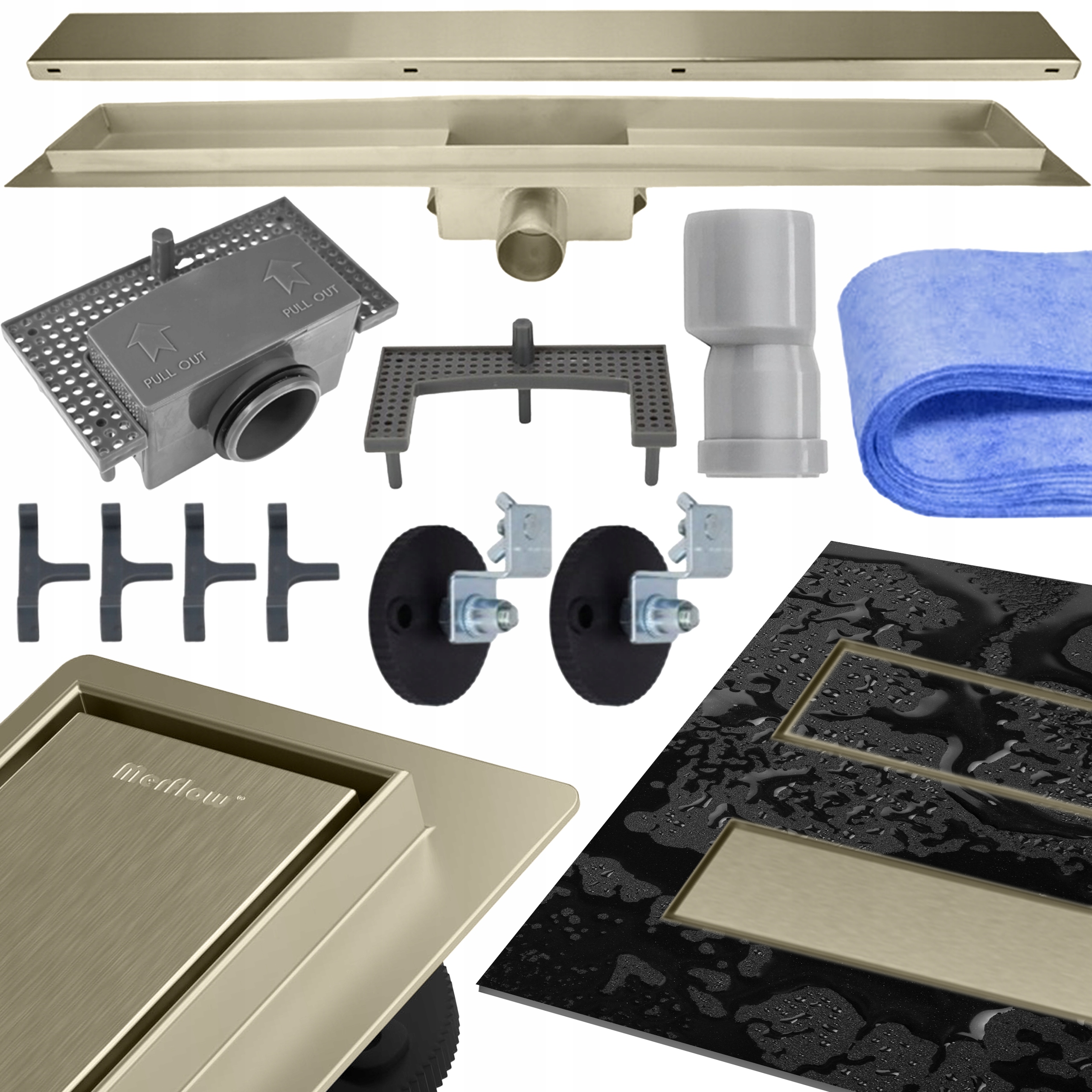 Merflow 2v1 Lineární odtok , kartáčované zlato, 70 cm