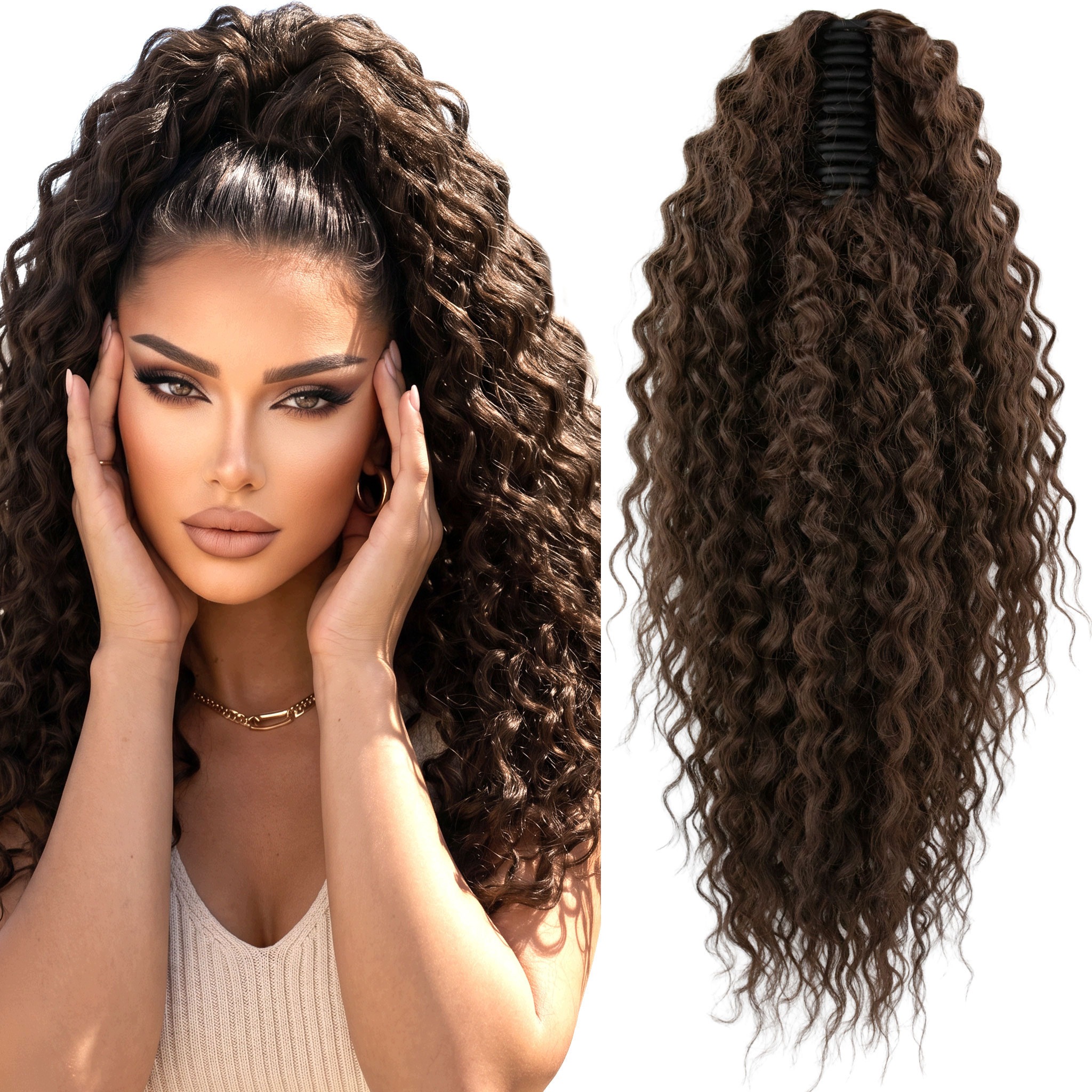 Kucyk na klamrze włosy sztuczne afroloki Ariel 50cm Afro Krab ciemny brąz