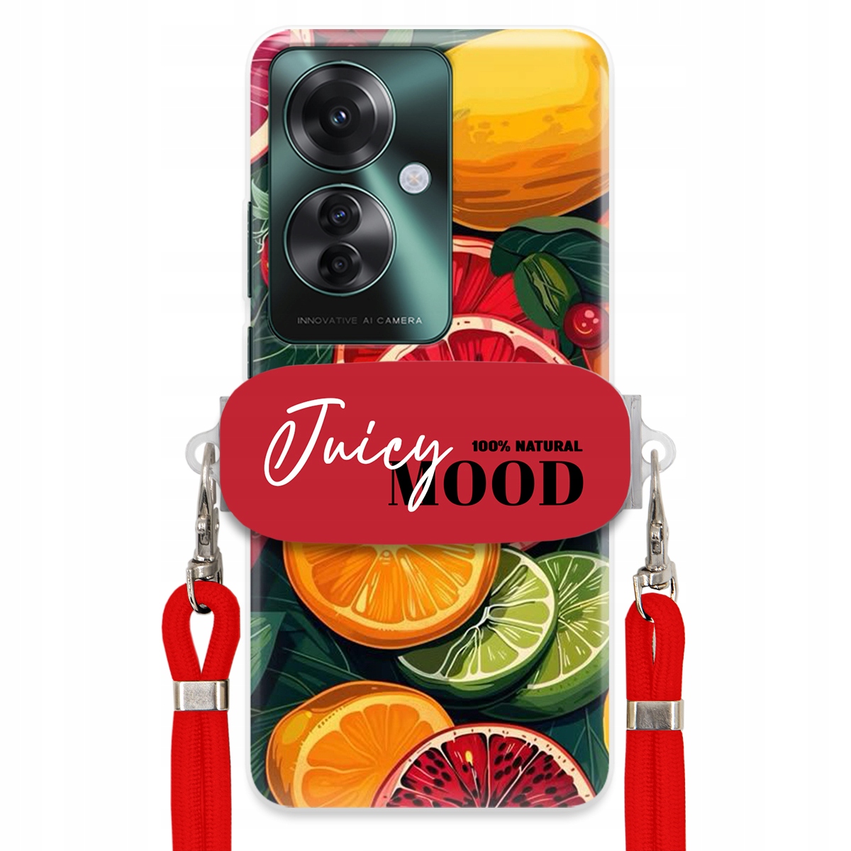 Puzdro pre Oppo Reno 11F 5G Červené Crossbody vodítko držiak Juice Mood Ovocie