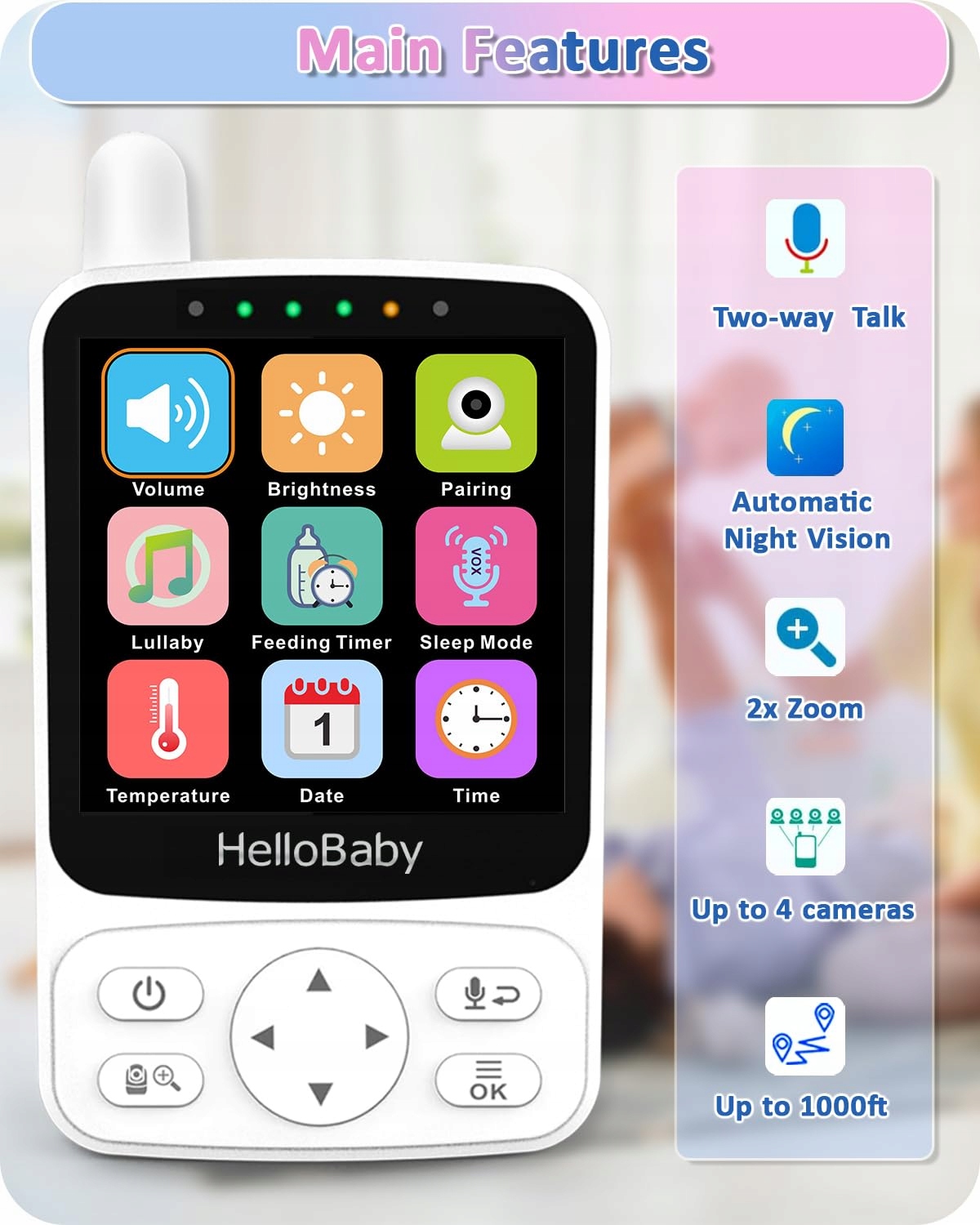 HELLOBABY Monitor Dla Niemowląt Kamera 29h Bateria 2-Way Audio — miniatura 3