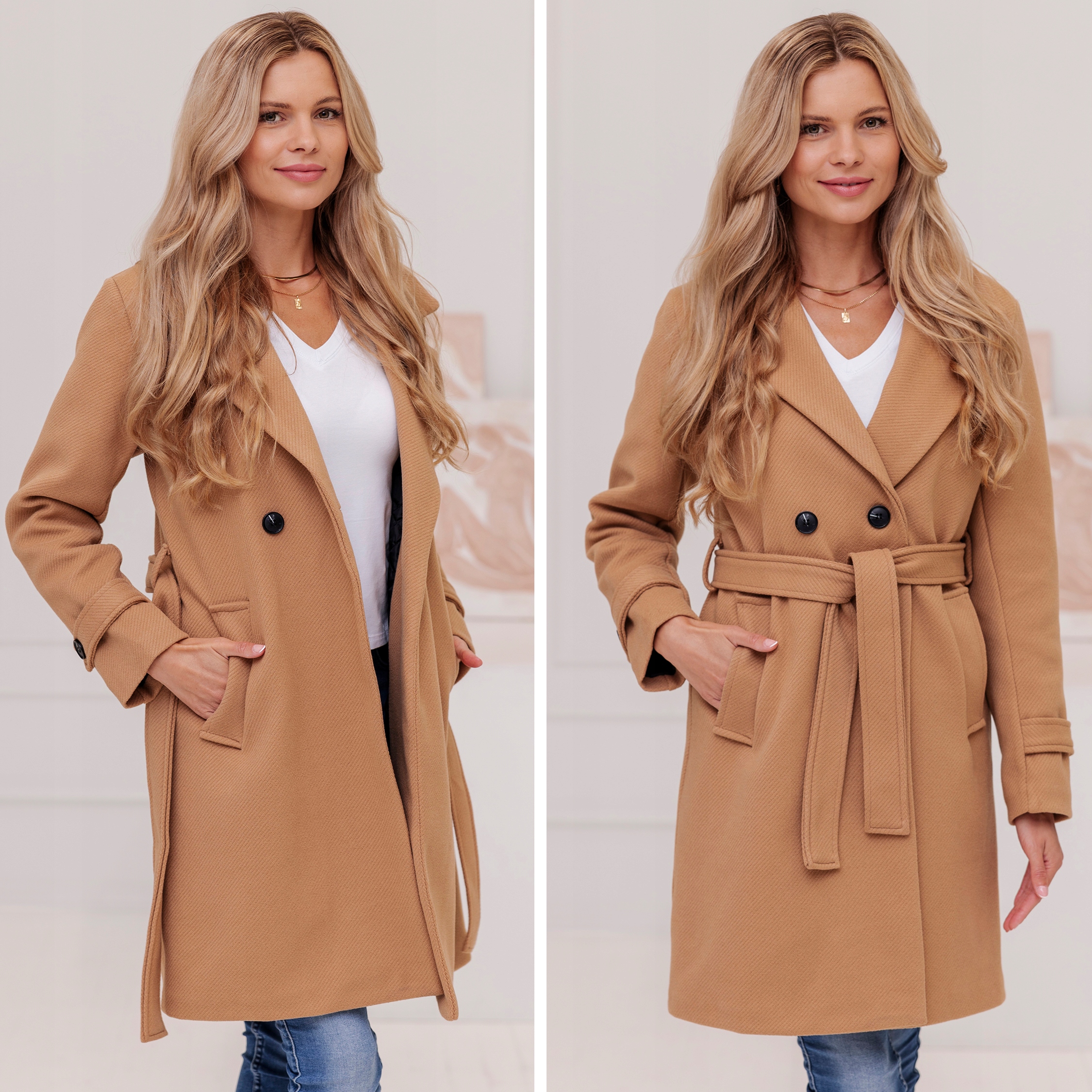 PRĄŻKOWANY PŁASZCZ Z PASKIEM PRZEJŚCIOWY JESIENNY ZIMOWY DAMSKI Z WEŁNĄ XXL Kaptur bez kaptura