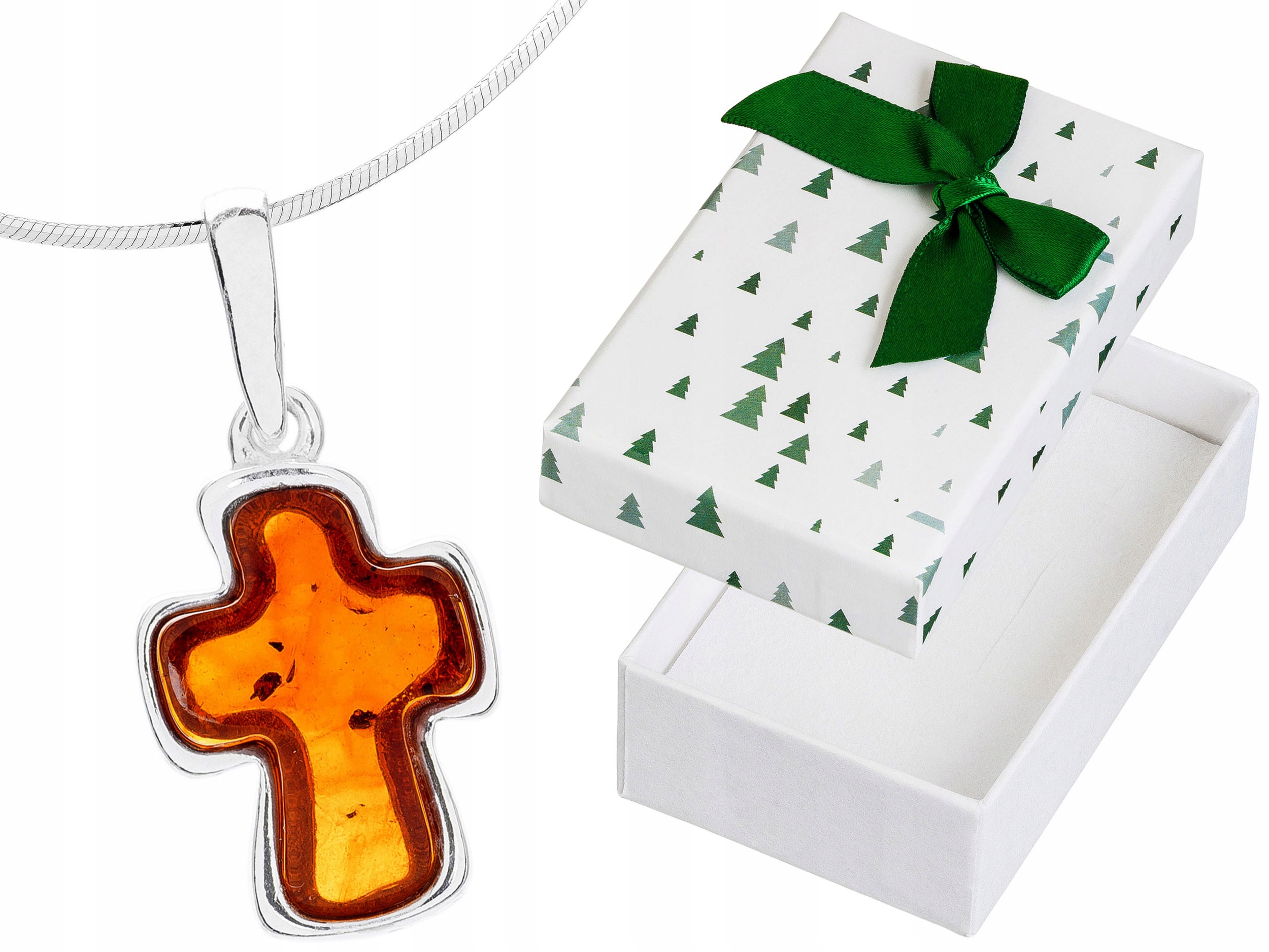 Krátký Stříbrný Náhrdelník Křížek s Jantarem Dámský Kříž Choker 38 cm