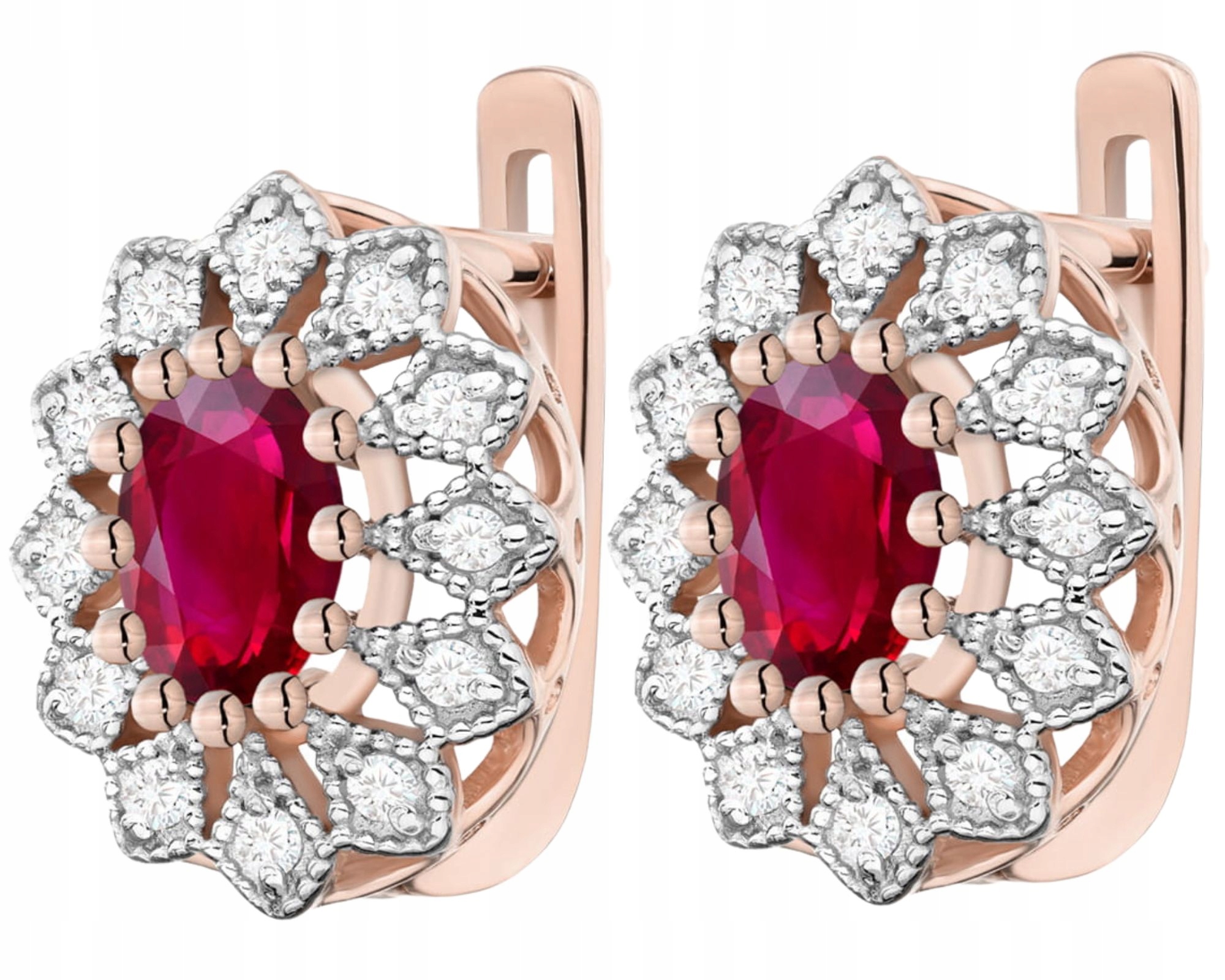 Růžové Zlato Náušnice S Rubínem A Brilianty 585 Gravírování Anglické Zapínání
