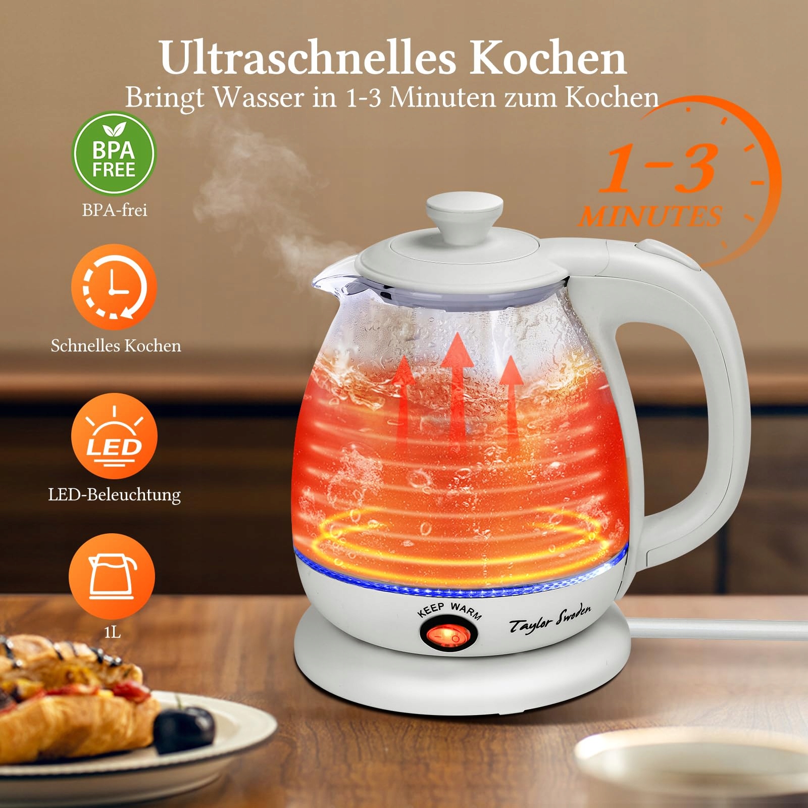 TAYLOR SWODEN Czajnik Elektryczny Szklany 1L 2200W LED BPA Free Z Teesitem — miniatura 2