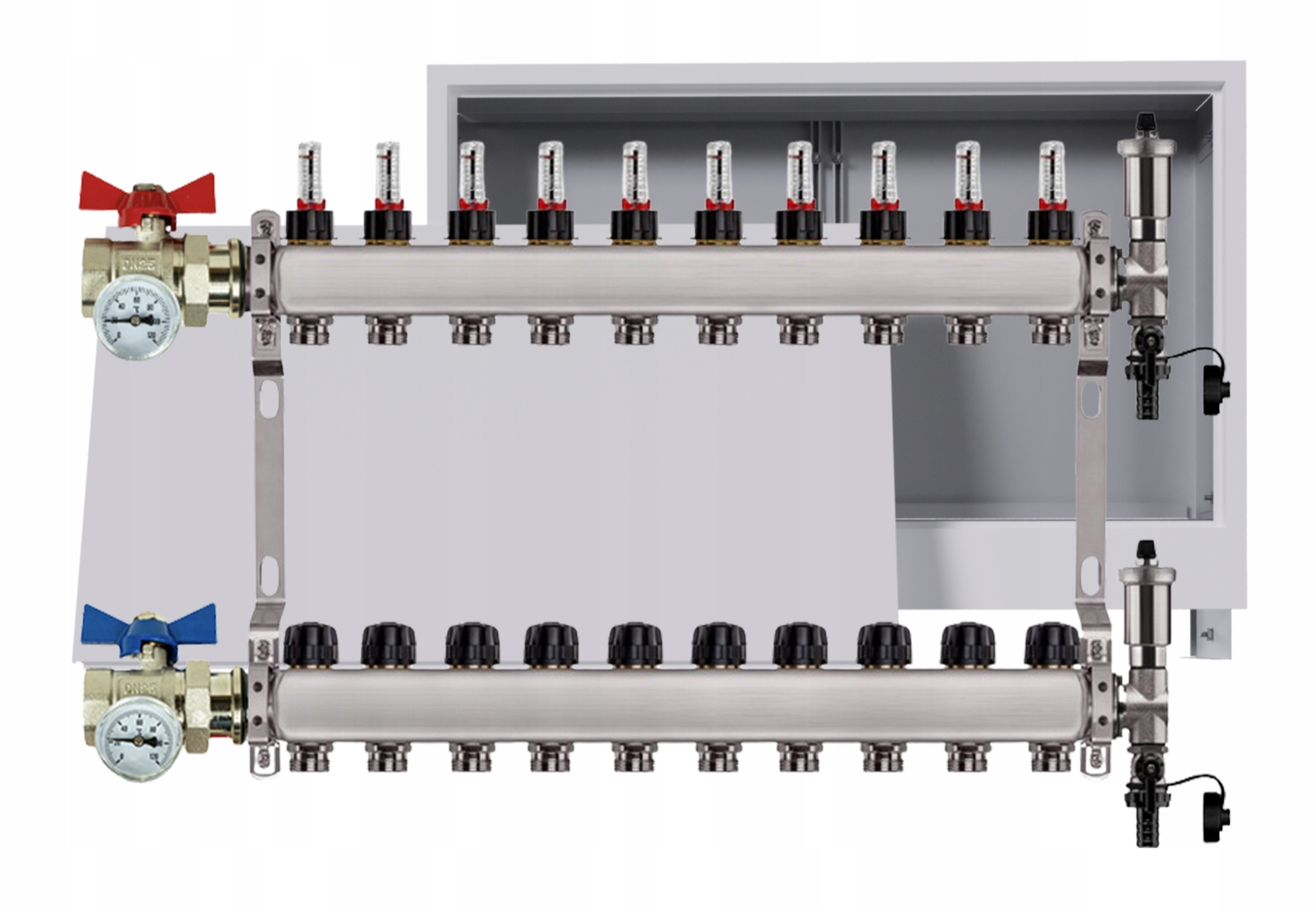 Rozdělovač nerezový Podlahovky 10 okruhů Podomítková skříňka Ventily