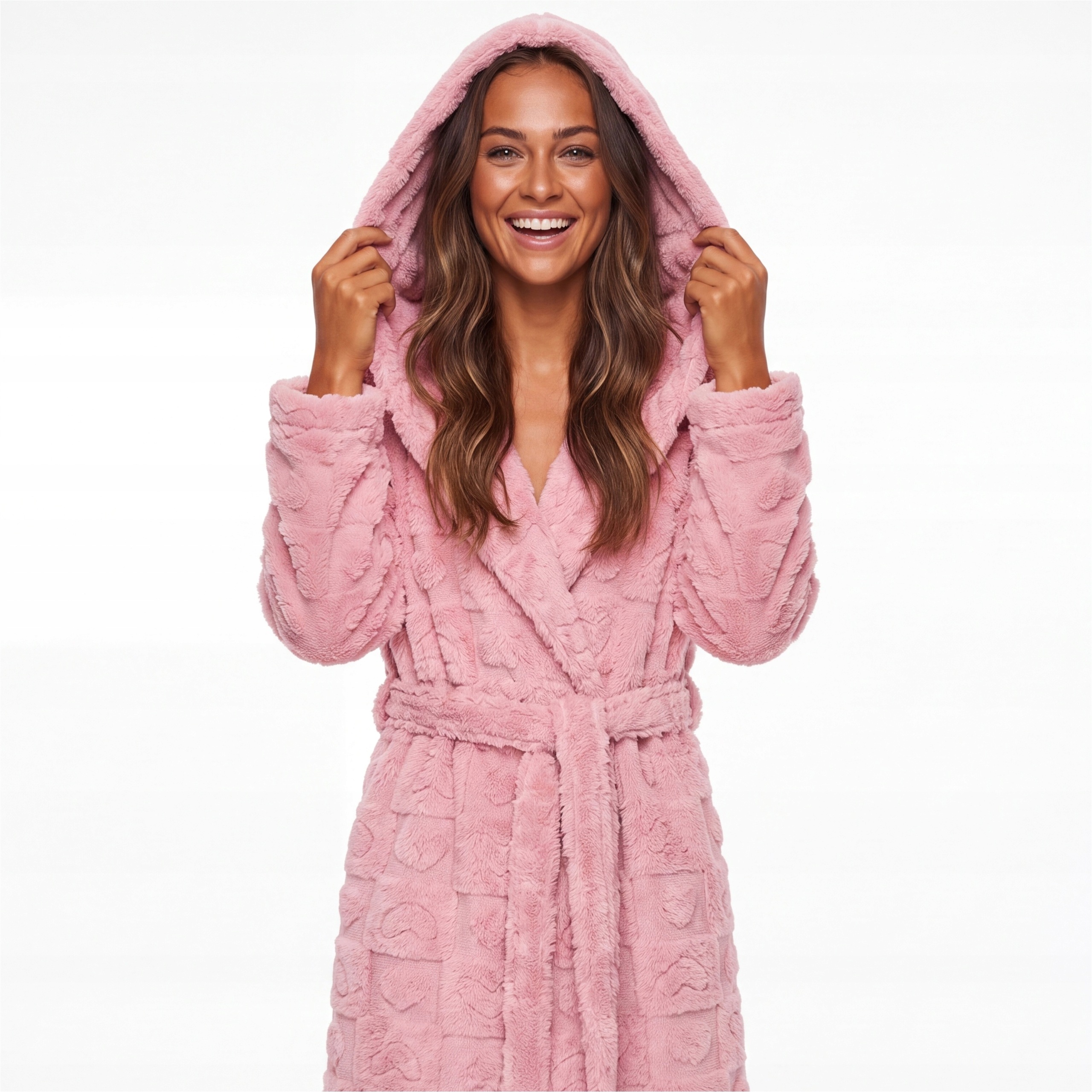 Župan L&L Valenti 2553 Pudrová Růžová L s kapucí Polyester 100% ke kolenům
