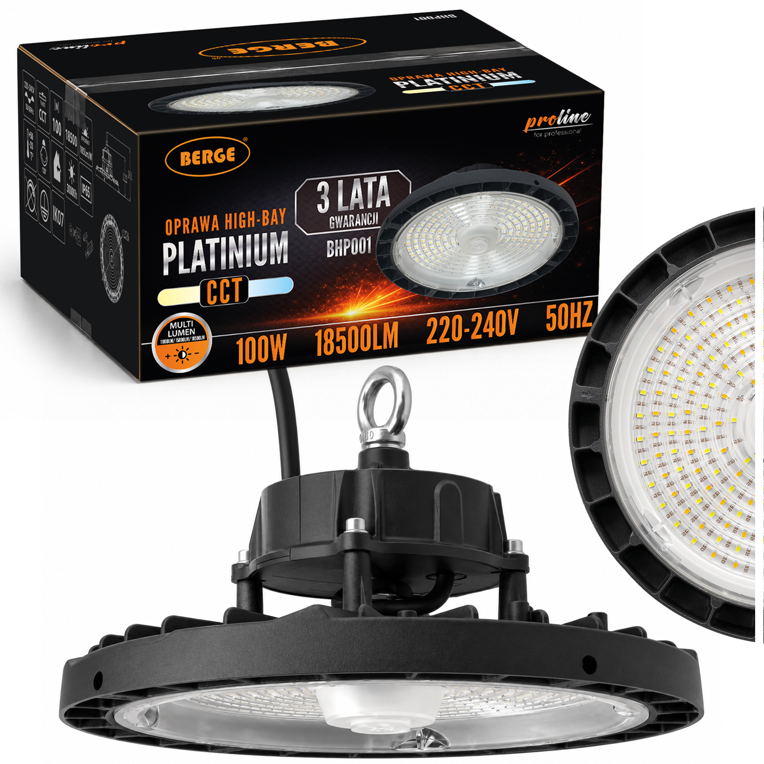 Led skladovacia lampa High-Bay 100 W Stmievateľná 18500 lm Cct Priemyselná