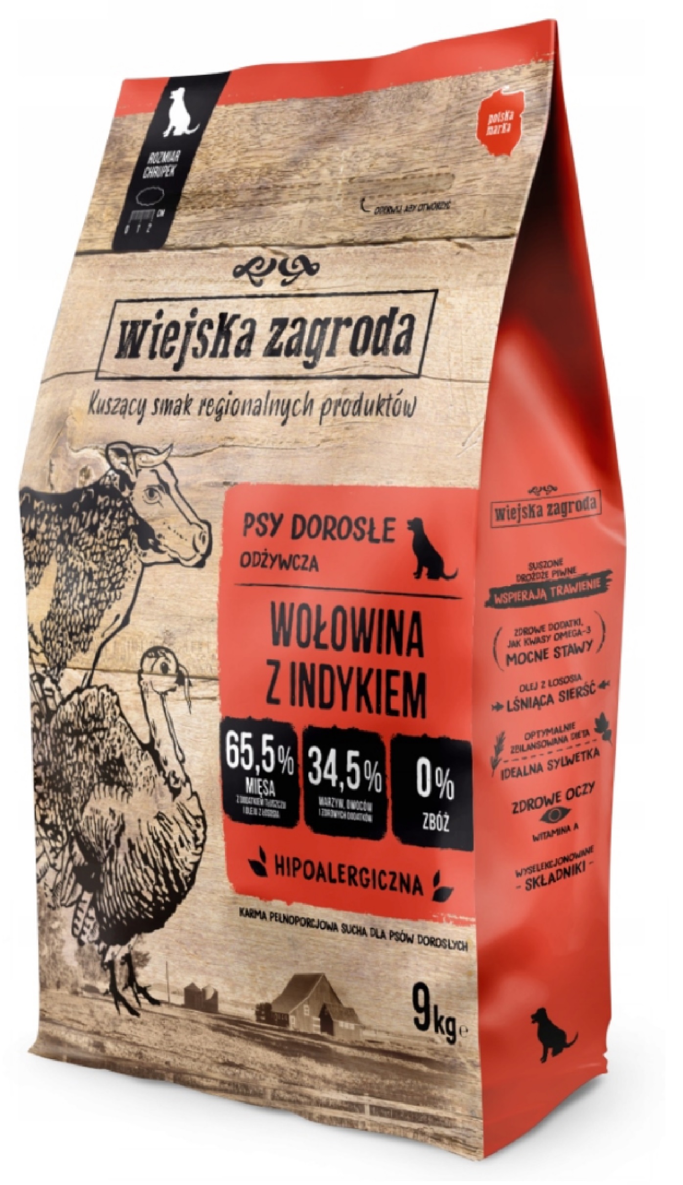 Levně Wiejska Zagroda Suché krmivo pro psa Hovězí Maso s Krůtou Velké plemeno L 9 kg