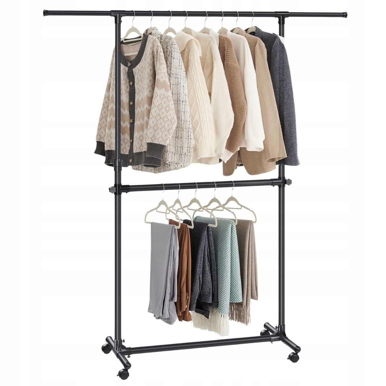 Černý Věšák Na Oblečení Kovový podlahový stojan na kolečkách, 2 úrovně