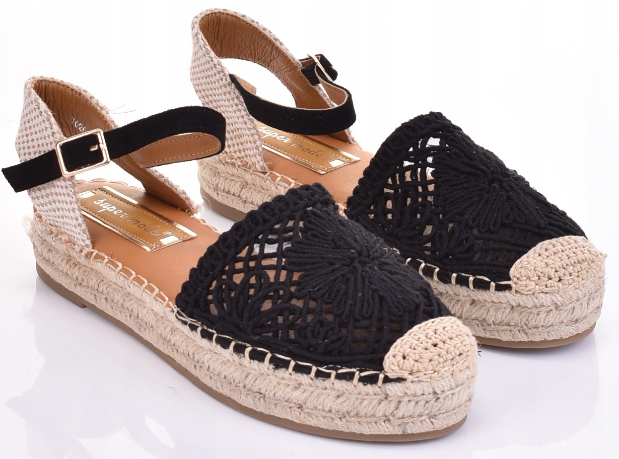 ESPADRYLE DAMSKIE ELEGANCKIE SANDAŁY NA SŁOMCE PLATFORMA Kolor czarny