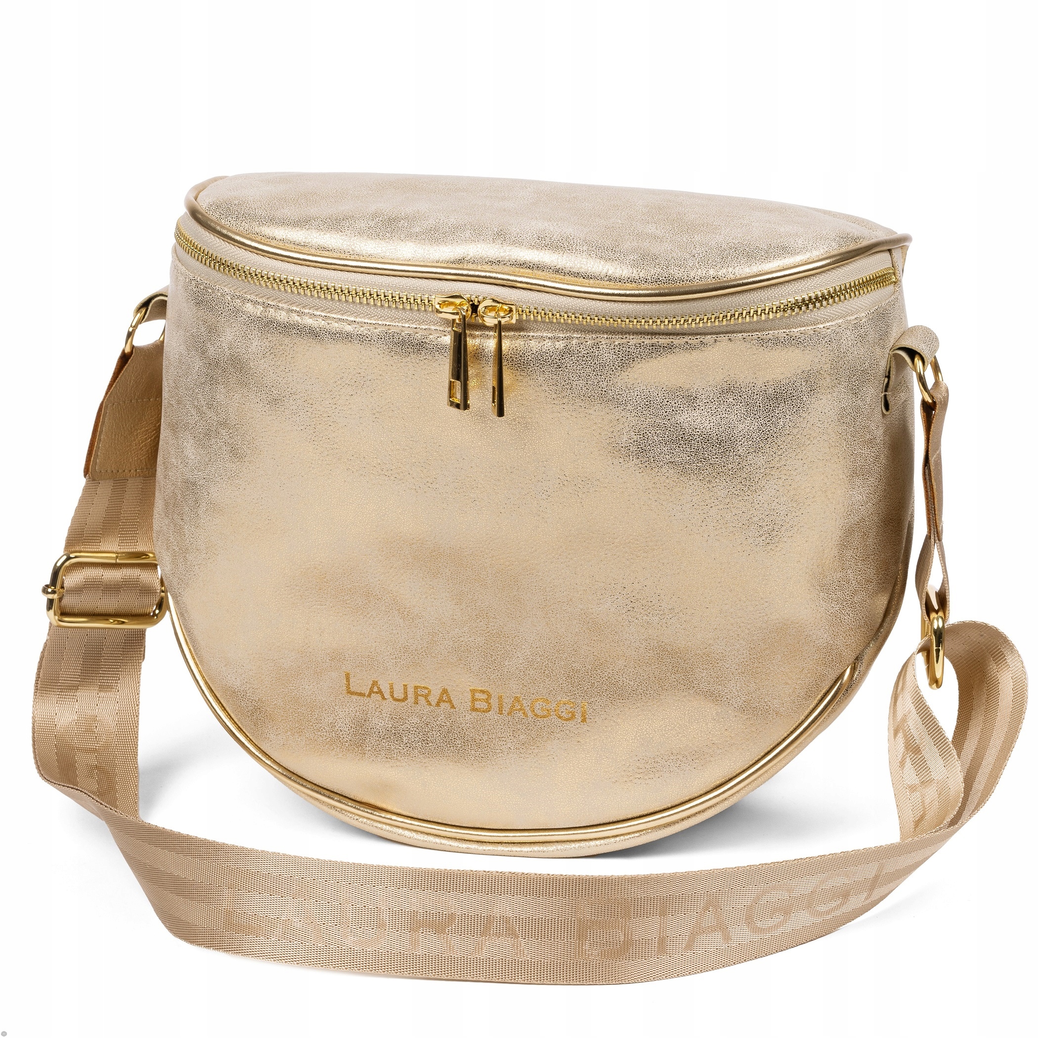 TOREBKA DAMSKA LISTONOSZKA ZŁOTA LAURA BIAGGI PASEK Z LOGO PRZEZ RAMIĘ