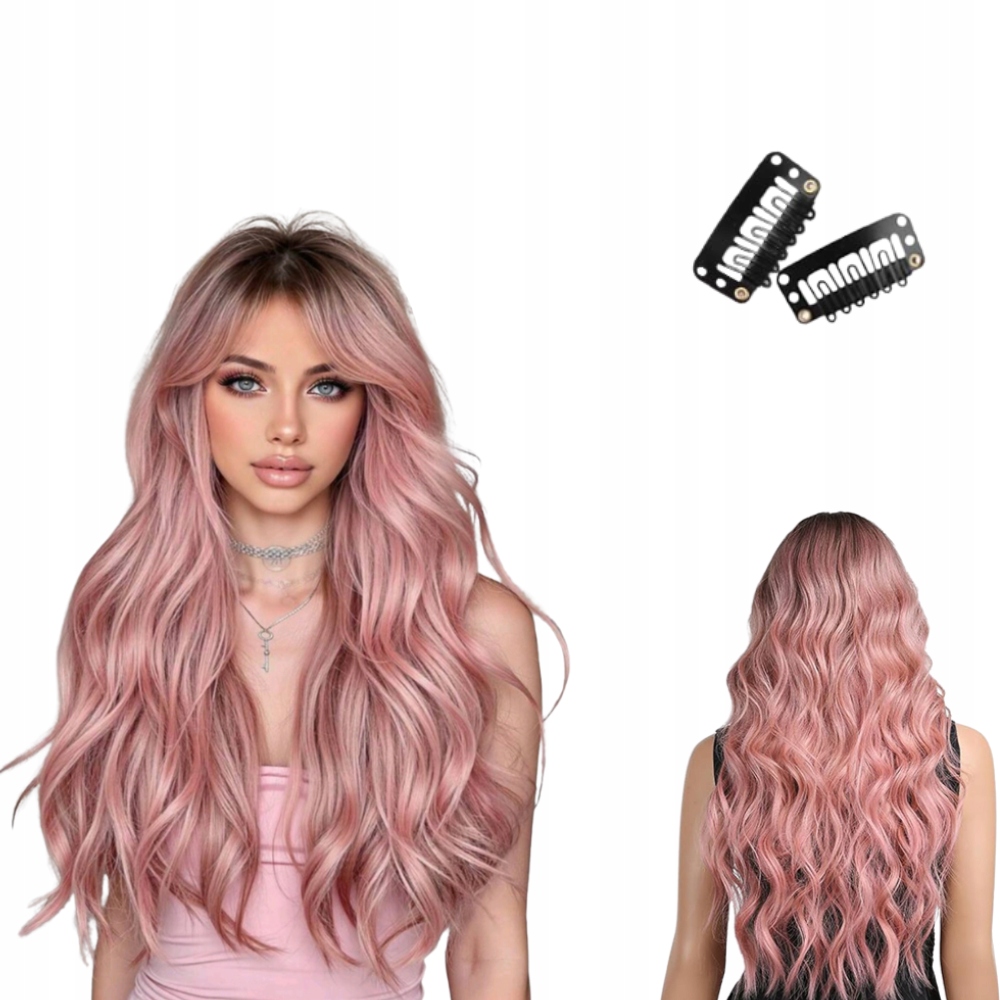 Peruka damska różowa fale Długie włosy jak naturalne +Czepek peruki damskie