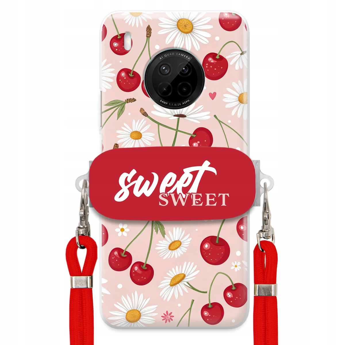 Puzdro pre Huawei Y9a Červené vodítko držiak Sweet Sweet Čerešňa a sedmokráska