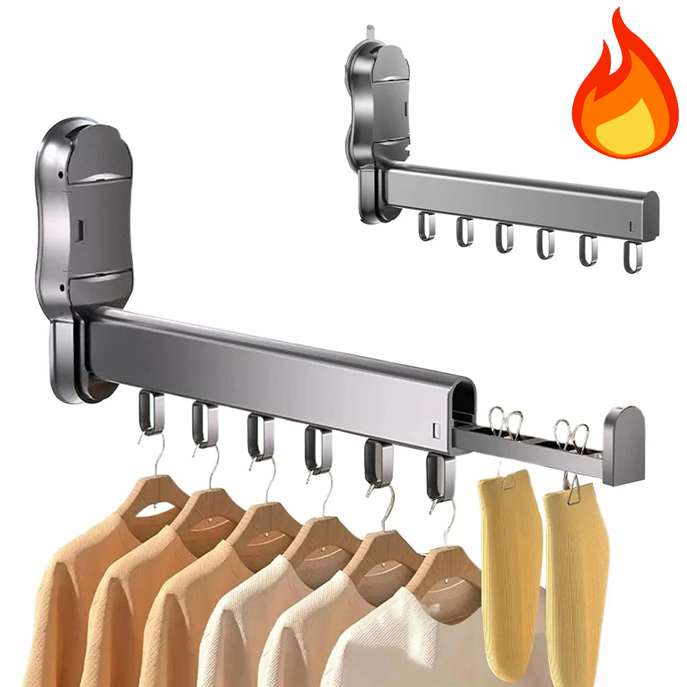 Rozkládací věšák na oblečení, 6 nástěnných háčků, Sušák, tyčový