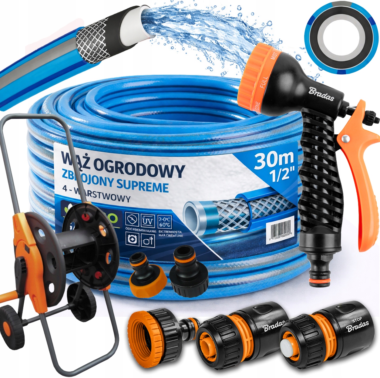 Hadice 1/2" 30 m 4 Vrstvy Supreme Pistole Vozík Sada Bradas