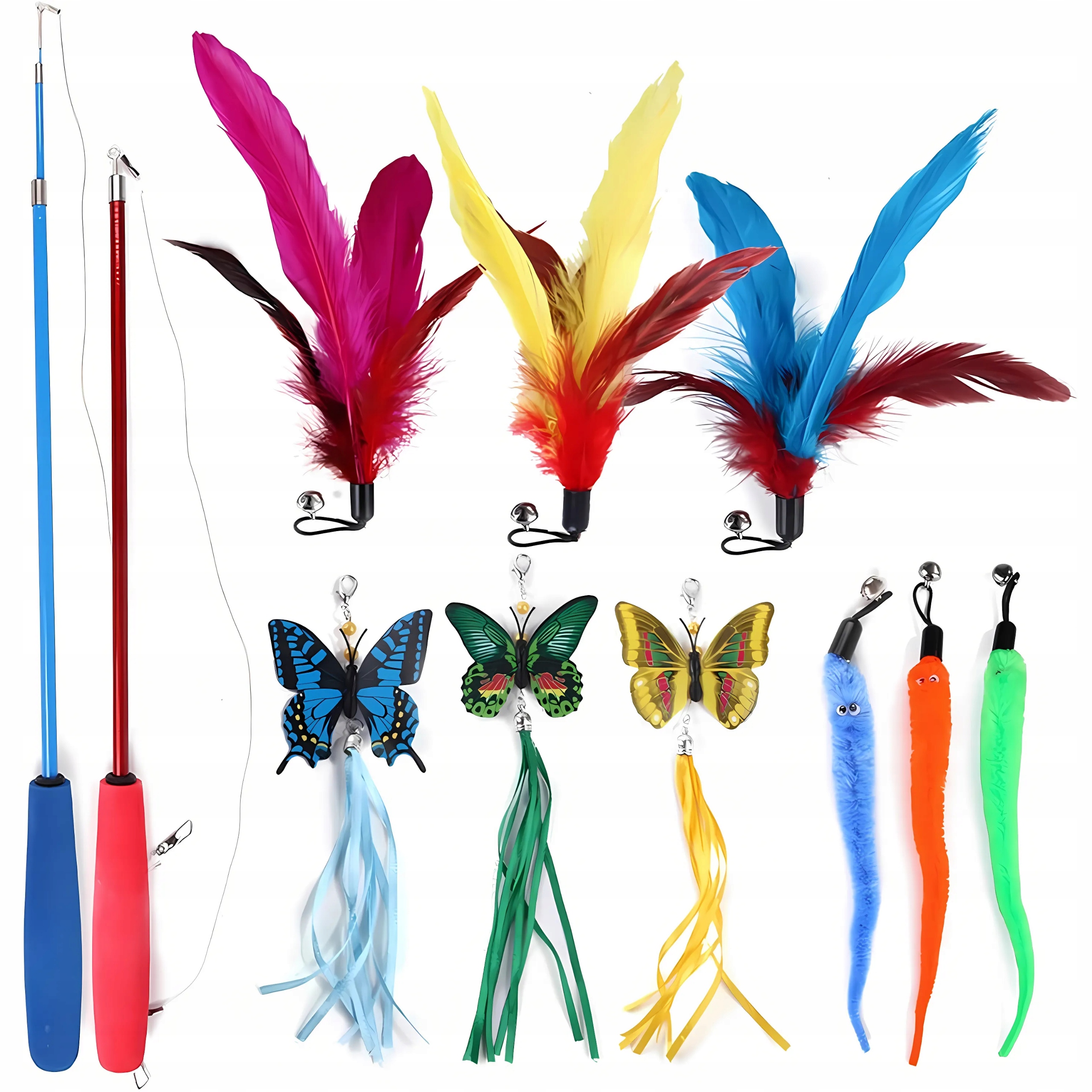 Levně Rybářský Prut S Peřím A Zvonečkem Hračka Pro Kočky Teleskopická Sada 11 Kusů