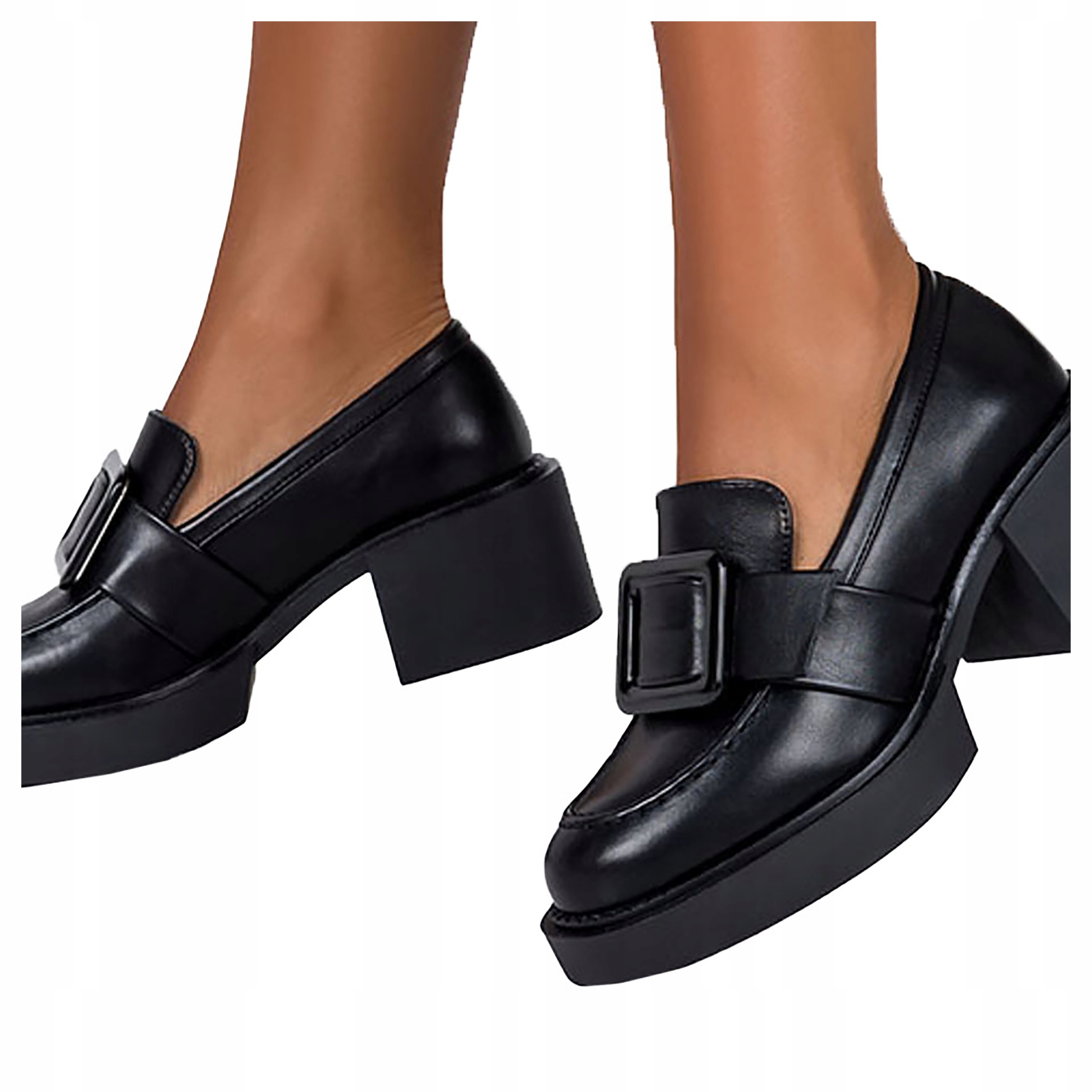 CZARNE MOKASYNY PÓŁBUTY DAMSKIE NA OBCASIE SŁUPKU ELEGANCKA KLAMRA r 41