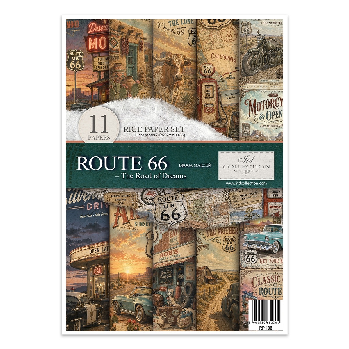 Sada 11 rýžových papírů A4 pro decoupage RP108 Route 66 Cesta snů
