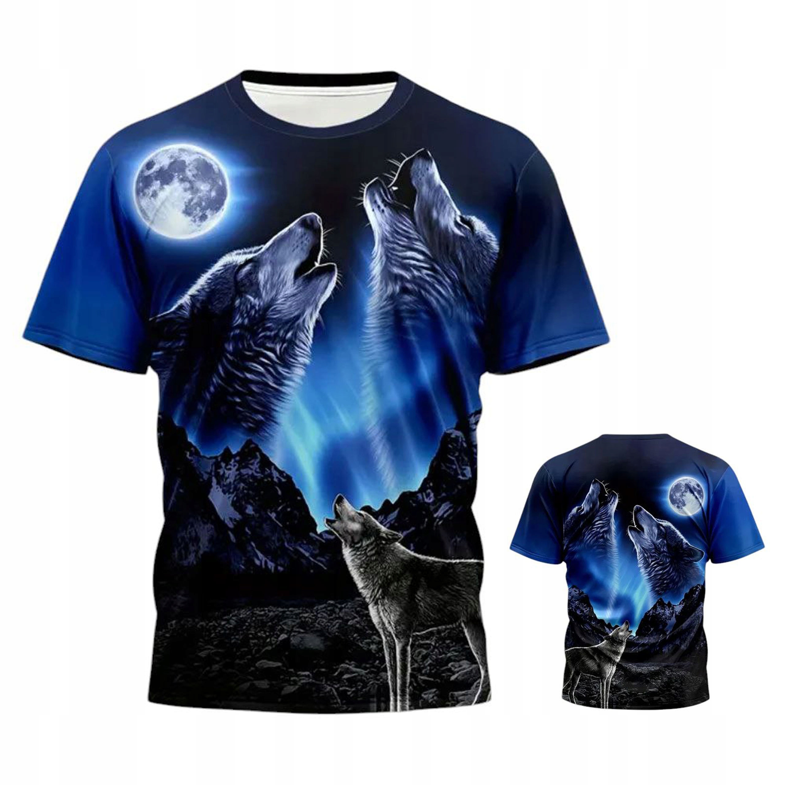 Koszulka T-shirt 3D z krótkim rękawem 3 wilki niebieska roz 5XL