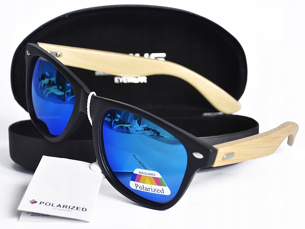 OKULARY DREWNIANE BAMBUSOWE POLARYZACYJNE LUSTRZANKI ETUI UV400