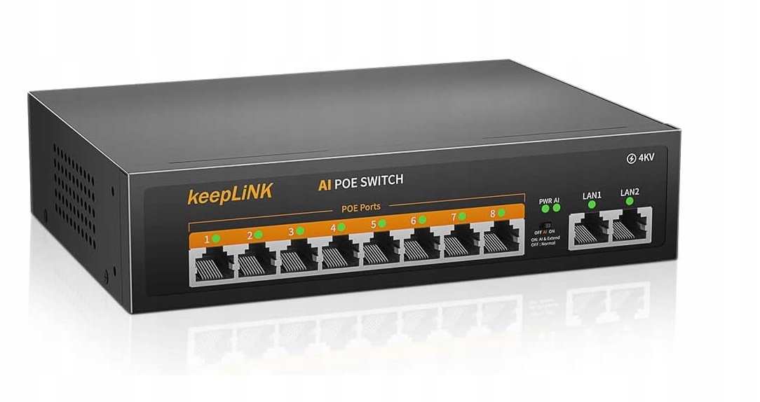 PoE přepínač keepLiNK 10-portový – 8x PoE+ 135 W, 2x uplink, 250 m