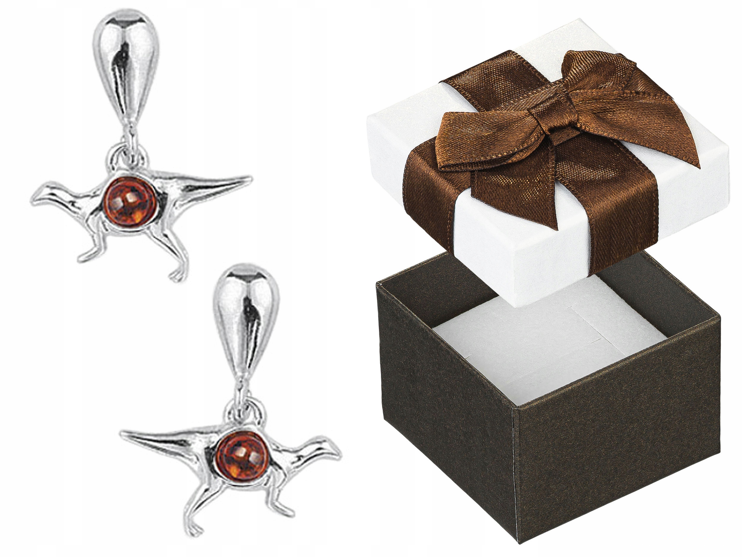 Stříbrné Náušnice Závěsné Dinosauři s jantarem Šroubky Tužky Stříbro 925