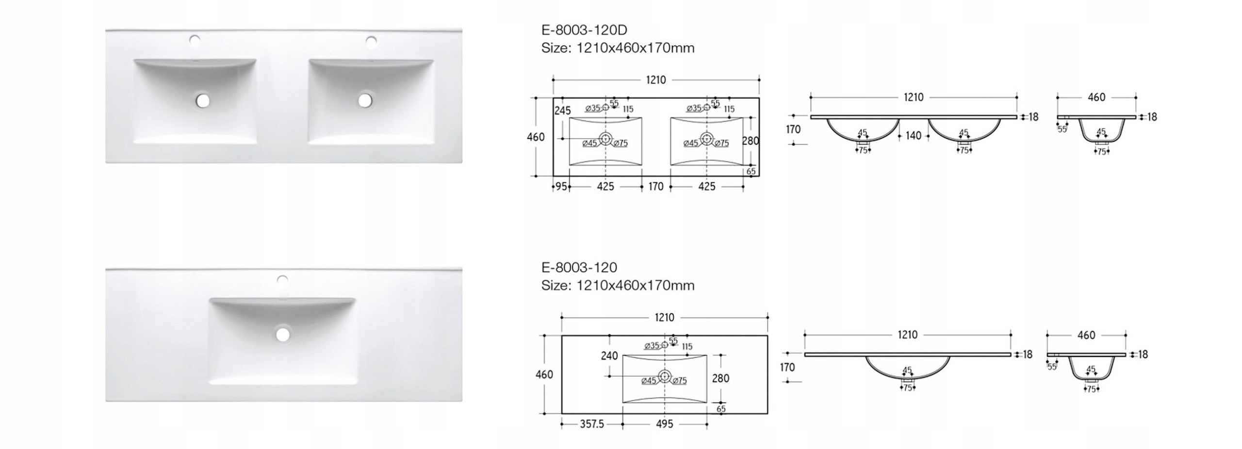 Nábytkové umyvadlo dvojité 120 cm