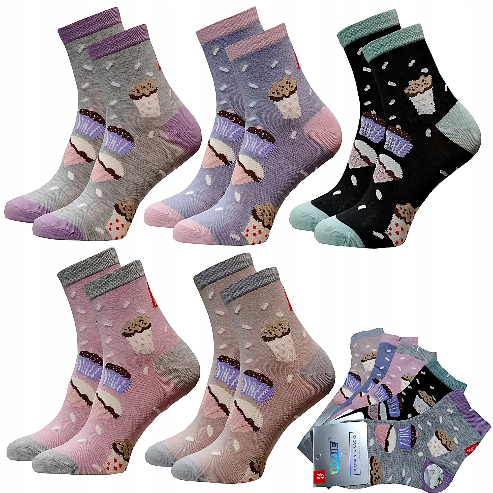 

5 x Bawełniane Kolorowe Damskie Skarpety mix 39-42