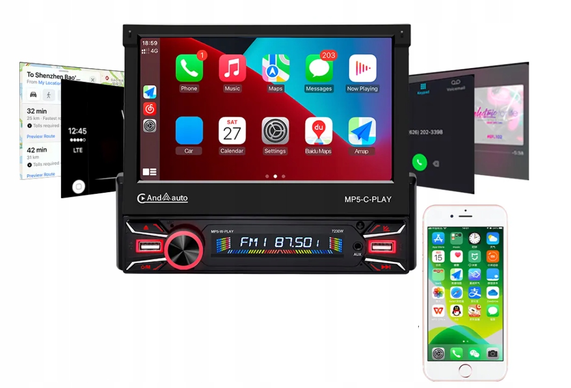 Radio Samochodowe 1DIN 7"Bluetooth USB AndroidAuto/Carplay Wys Ekran kamera Komunikacja Bluetooth
